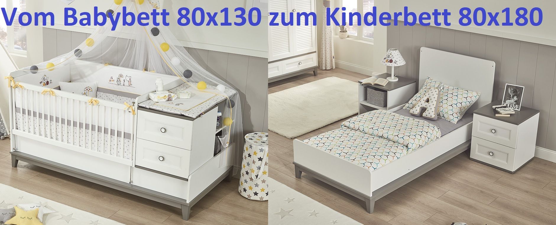 Babybett Mia vergrößerbar 80x130-180 cm inkl. 2-Schubladen in Weiss/Grau
