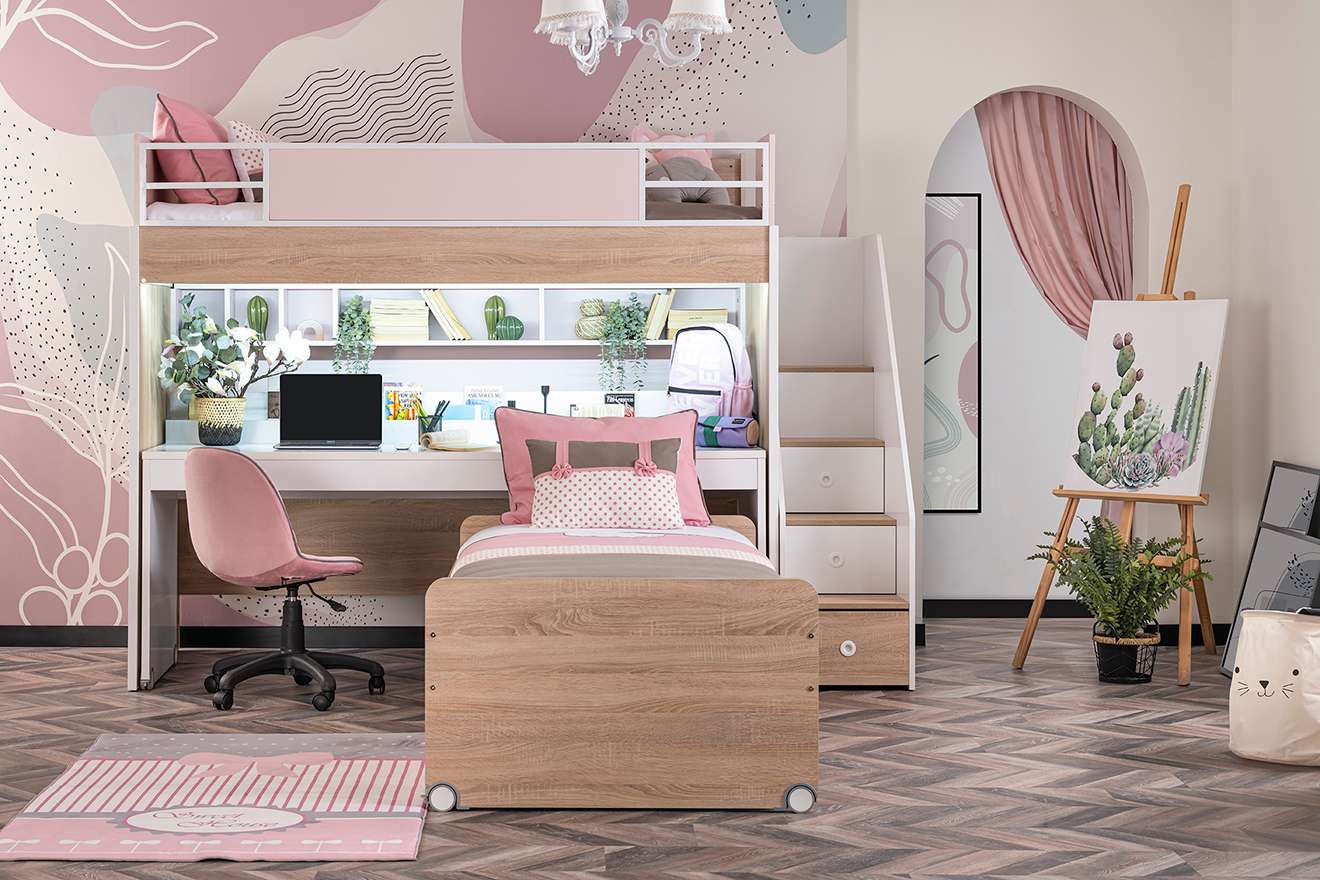 Etagenbett Angel 5-Teilig in Holzoptik/Weiß/Pink