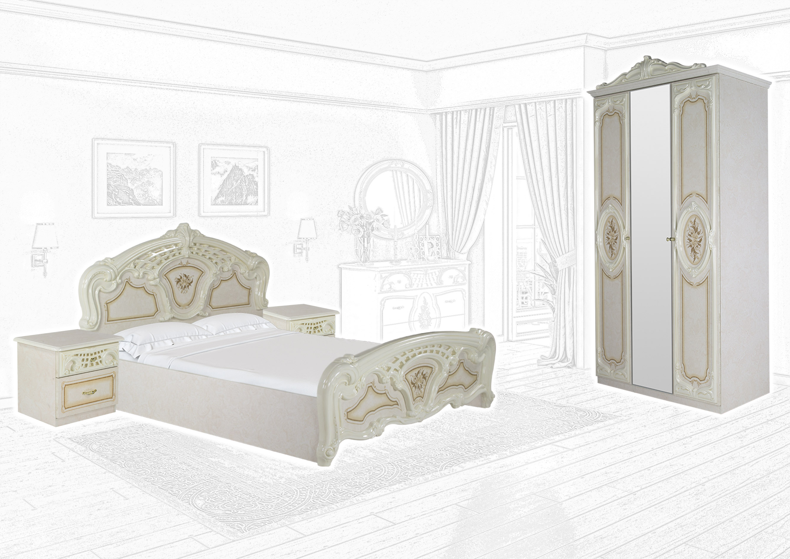 Barock Schlafzimmer Remo-Beige in HG Lack 4-Teilig inkl. Kleiderschrank 3-Türig