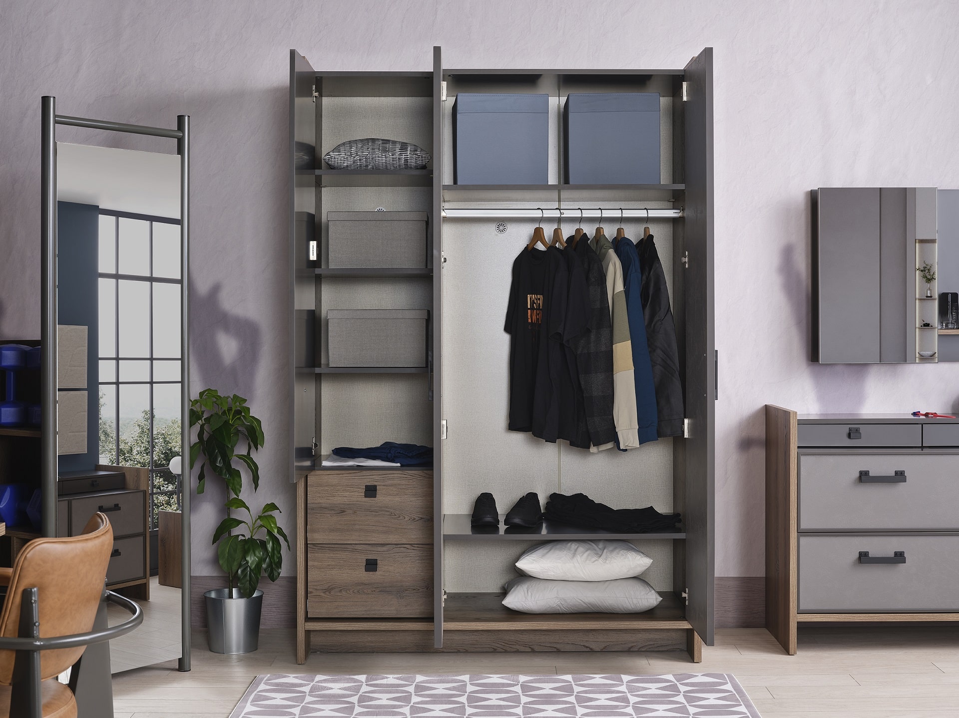 Kleiderschrank Craft 3-Türig in Anthrazit/Silbergrau/Holzoptik
