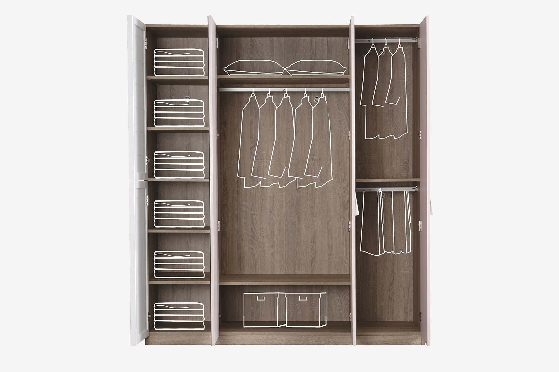 Kleiderschrank Angel 4-Türig in Holzoptik/Weiß/Pink
