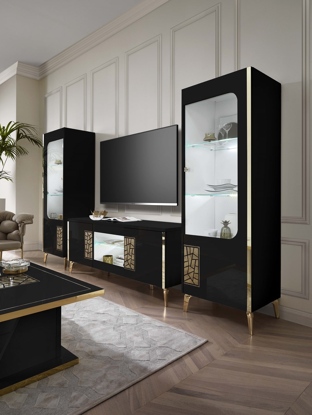 Stella wall unit with glass doors and gold detailing from Interdesign24