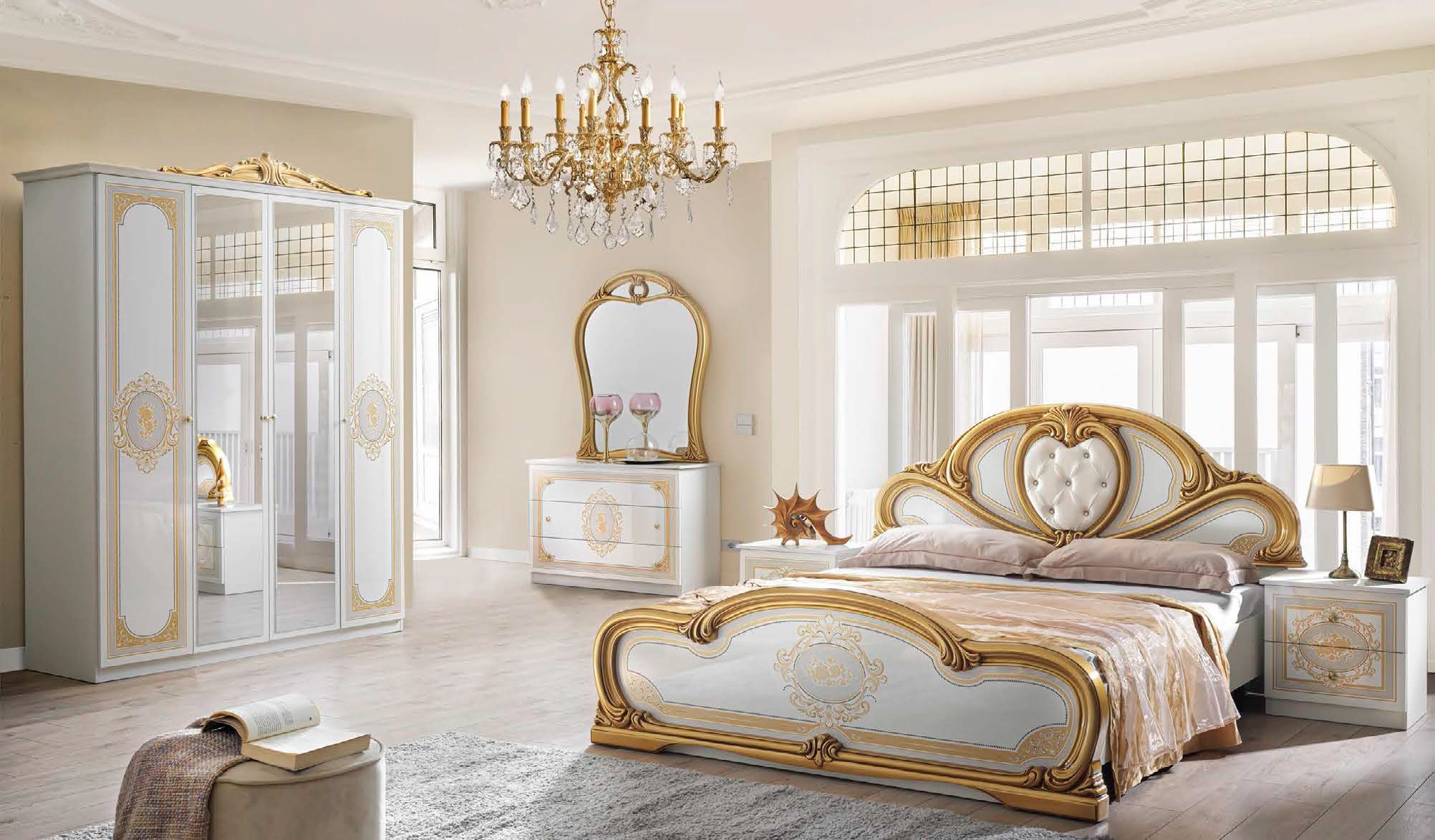 Barock Schlafzimmer-Set Clara in Weiß/Gold 6-Teilig