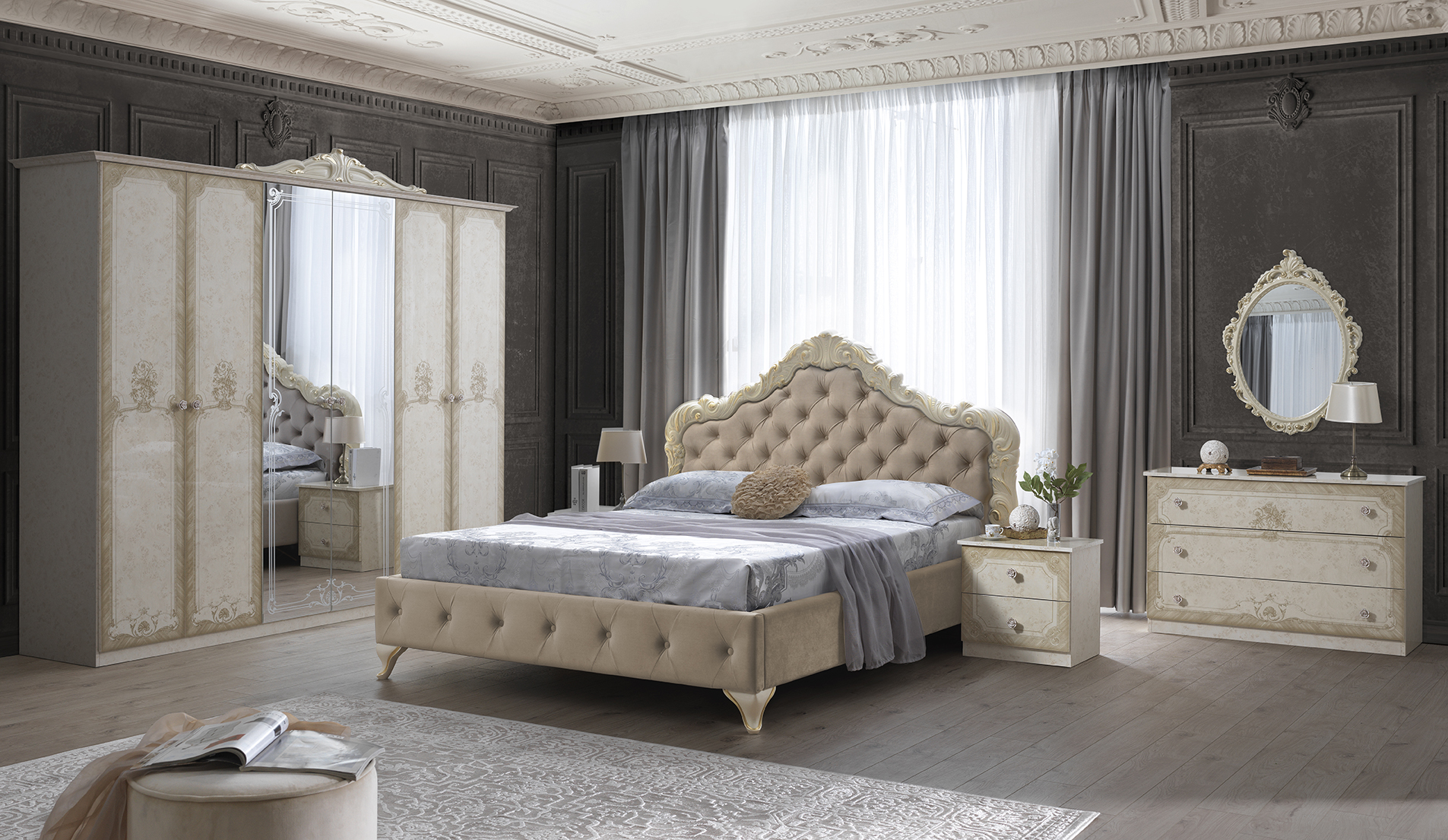Barock Schlafzimmer Adina in Beige/Gold 6-Teilig