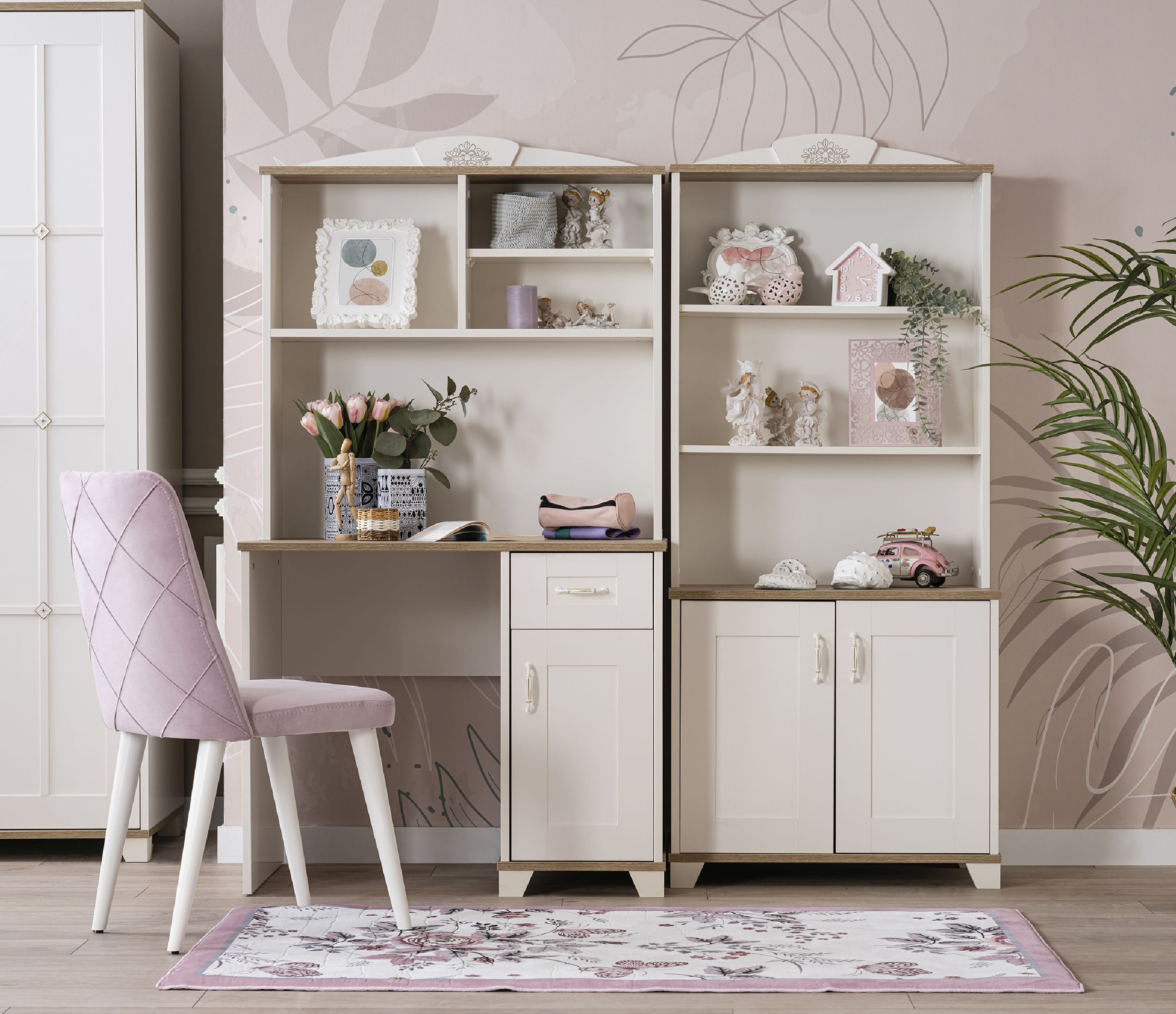 Schreibtisch-Set Freya 3-Teilig in Weiß/Holzoptik