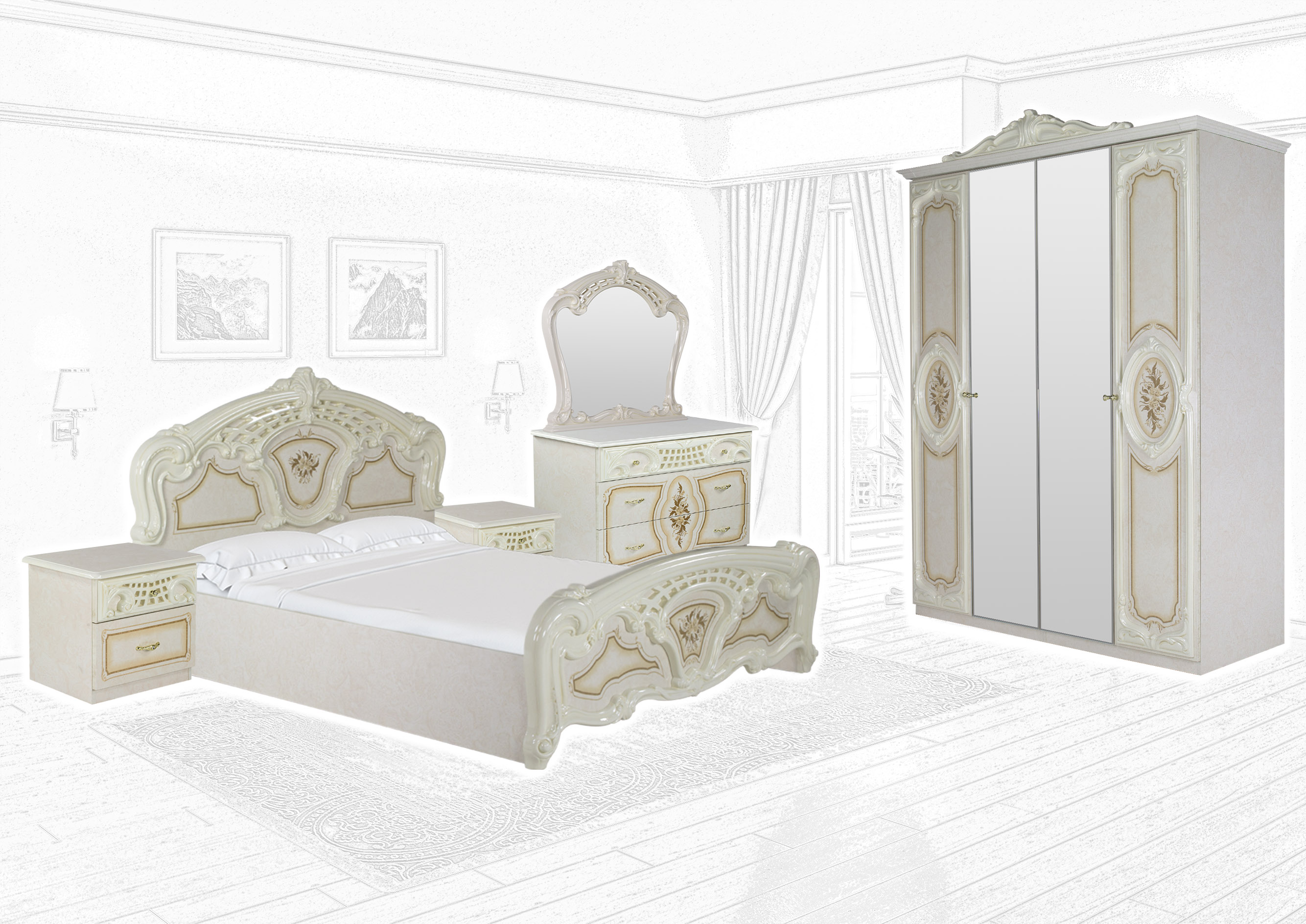 Barock Schlafzimmer Remo-Beige 6-Teilig in HG Lack inkl. 4-Türigen Kleiderschrank