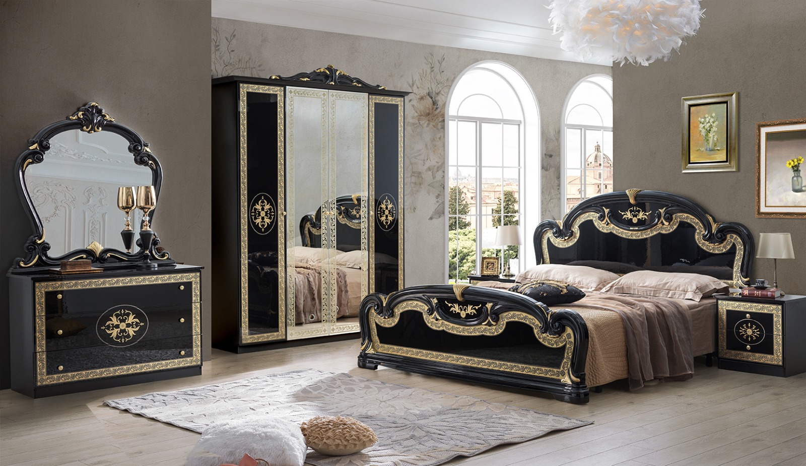 Barock Schlafzimmer-Set Paola in Schwarz/Gold 6-Teilig