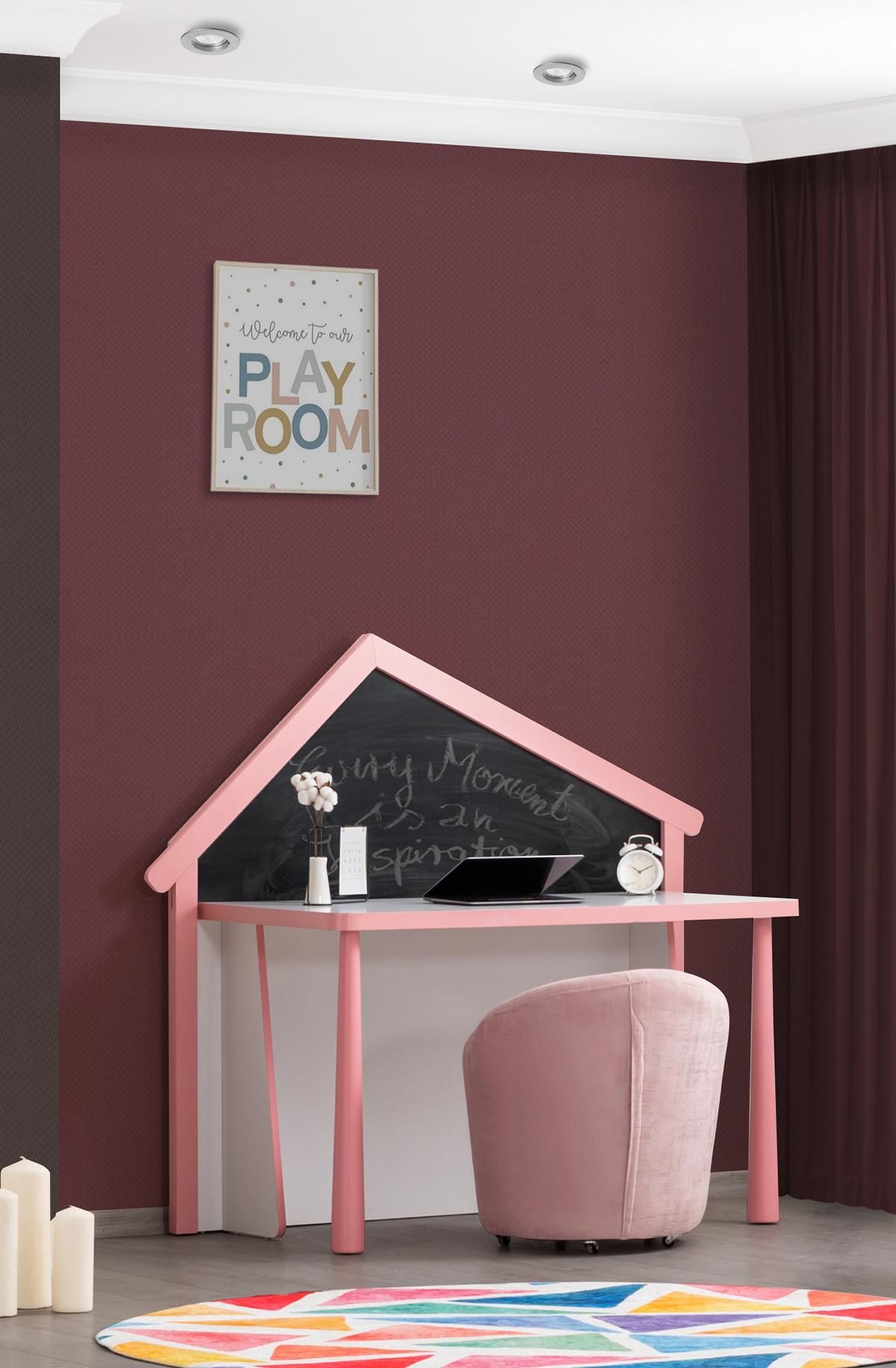 Schreibtisch Garden mit Tafelrückwand in Weiss/Pink
