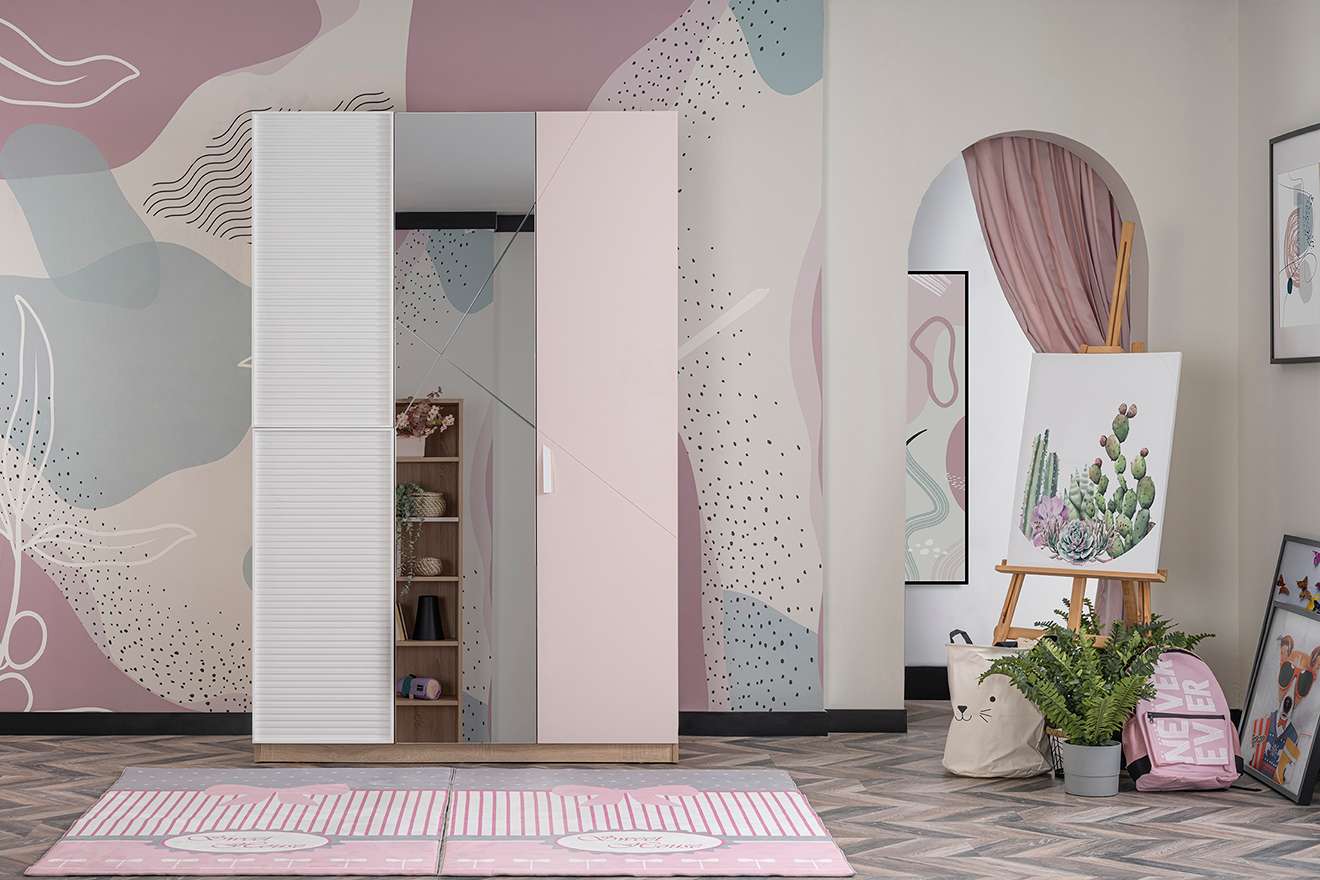 Kleiderschrank Angel 3-Türig in Holzoptik/Weiß/Pink