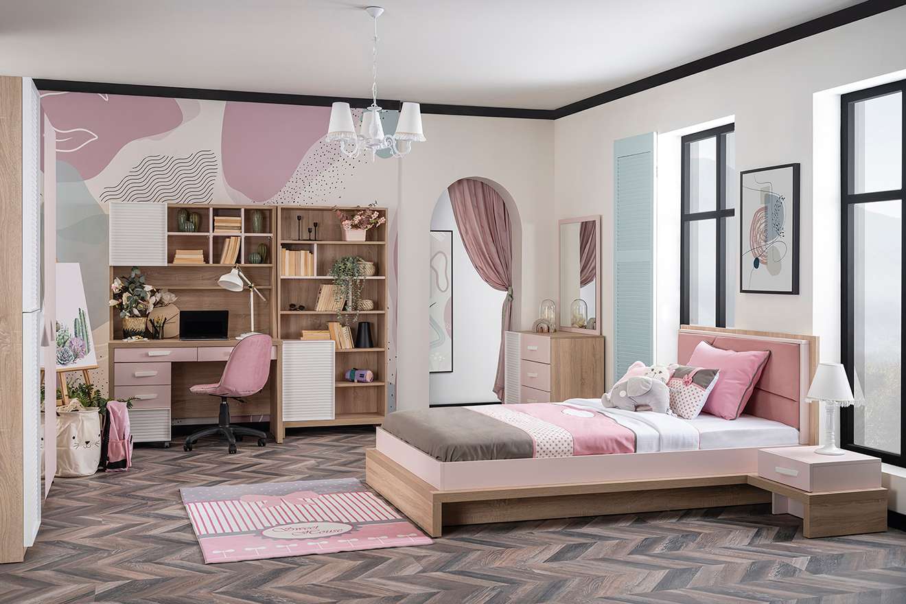 Bücherregal Angel in Holzoptik/Weiß/Pink