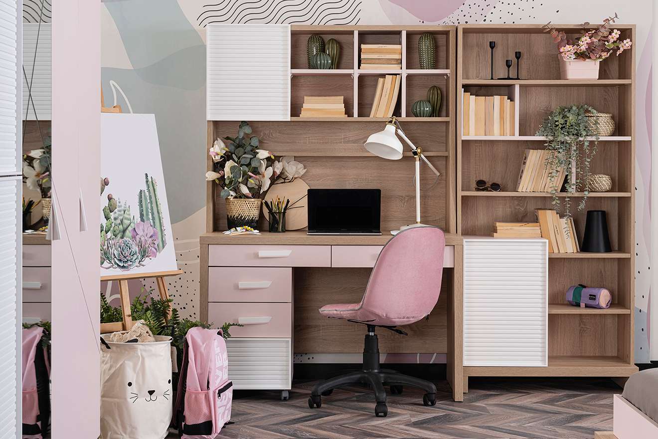Schreibtisch Angel mit Schubladen in Holzoptik/Pink