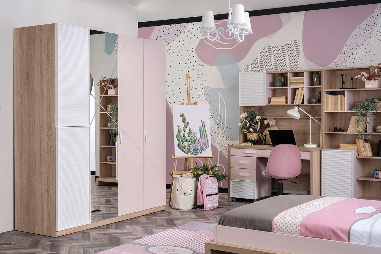 Kleiderschrank Angel 4-Türig in Holzoptik/Weiß/Pink
