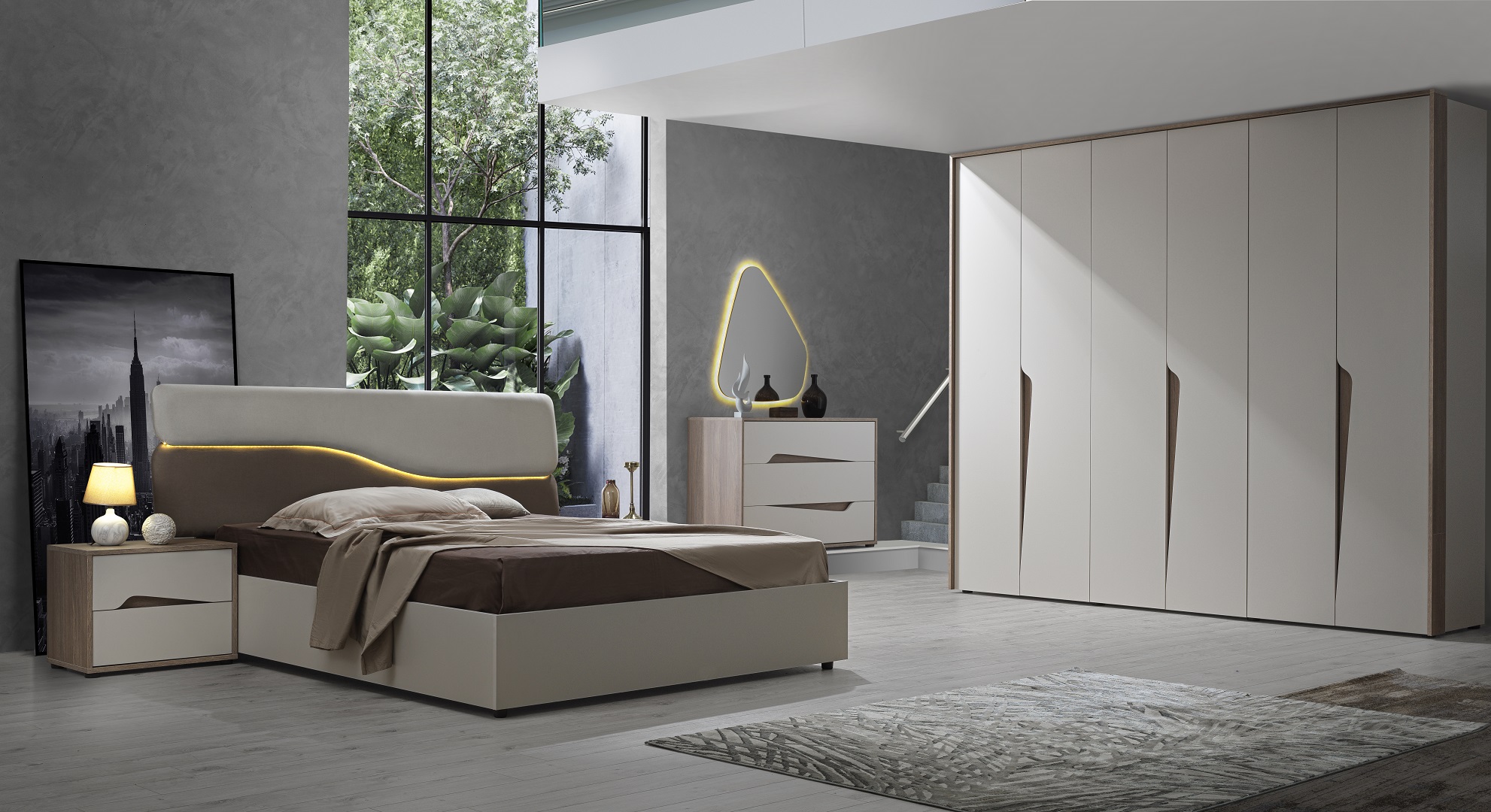 Schlafzimmer-Set Sole 6-Teilig in Créme/Holzoptik