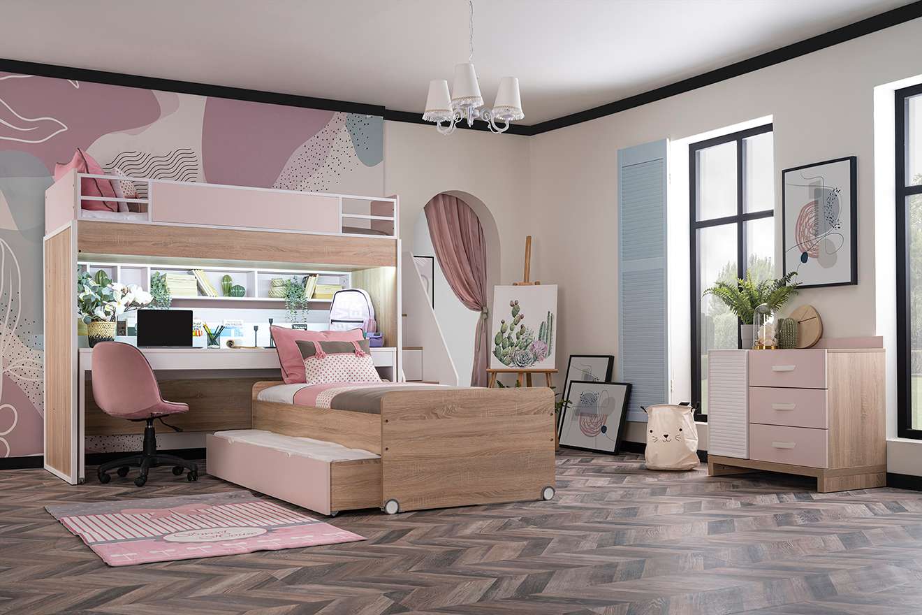 Etagenbett Angel 5-Teilig in Holzoptik/Weiß/Pink