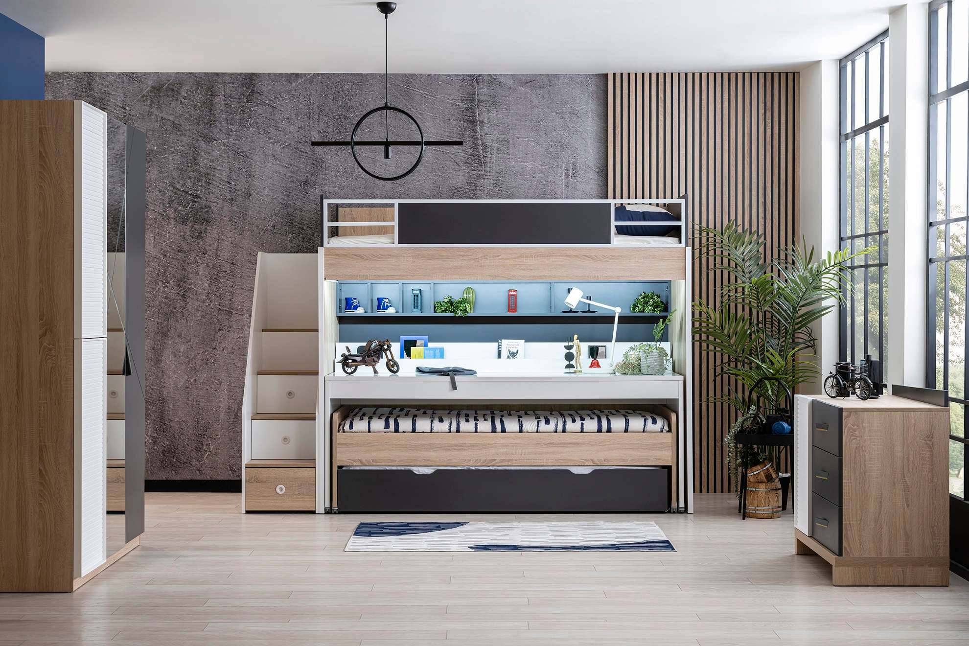 Etagenbett New City 5-Teilig in Holzoptik/Weiß/Schwarz