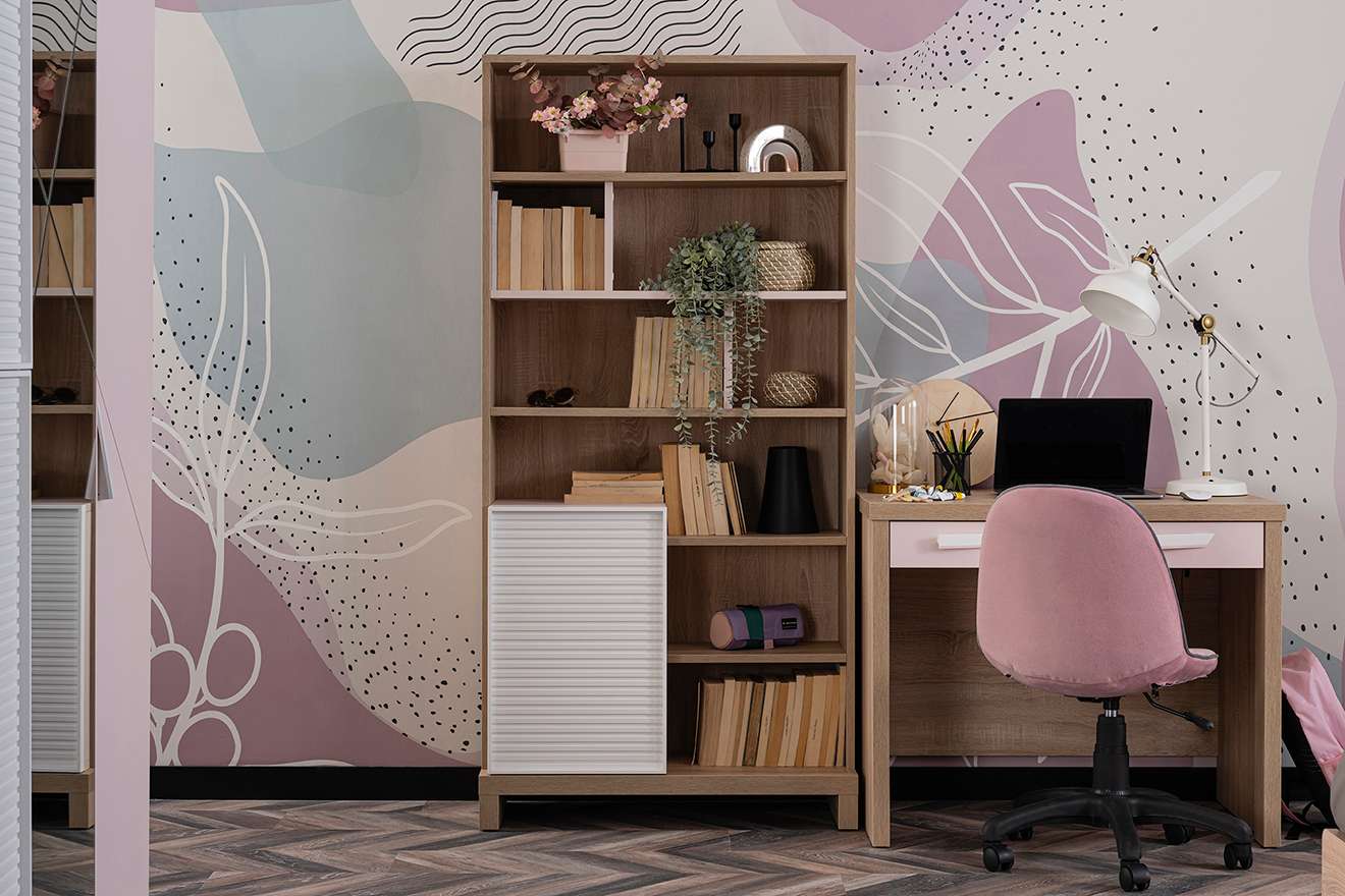 Bücherregal Angel in Holzoptik/Weiß/Pink