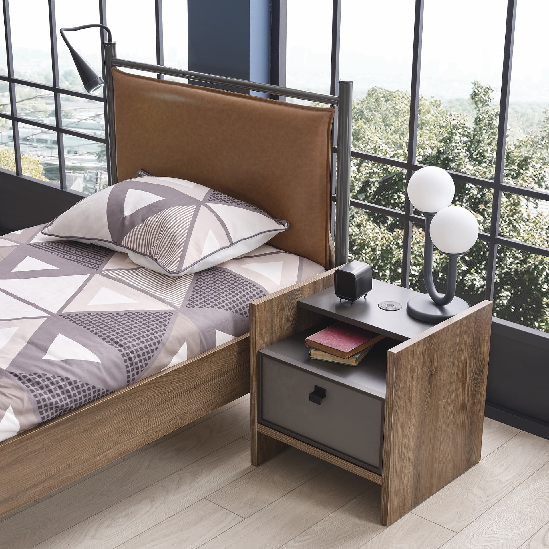 Einzelbett Craft in Anthrazit/Holzoptik