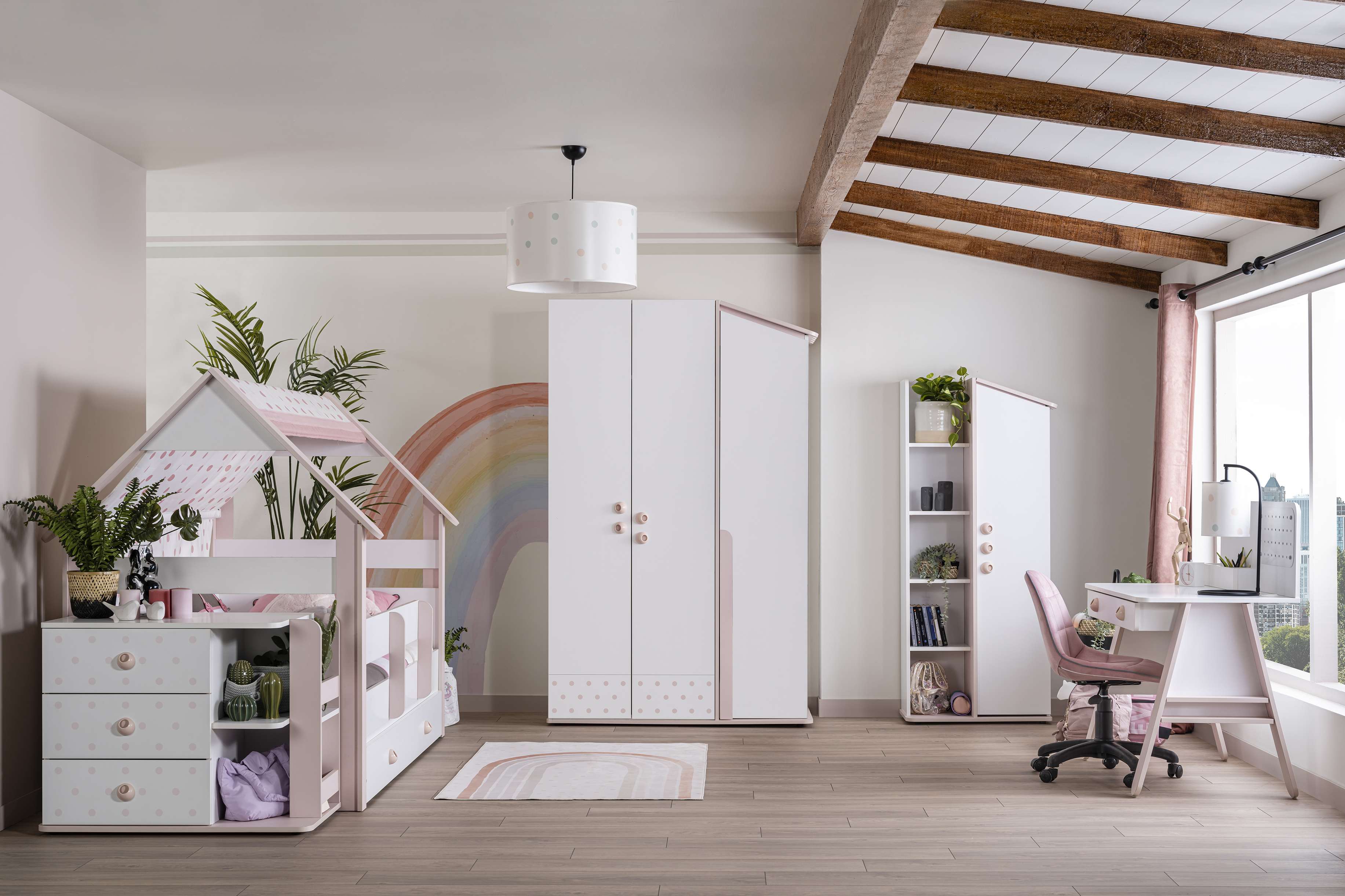Kleiderschrank Rainbow 3-Türig in Weiß/Rosa