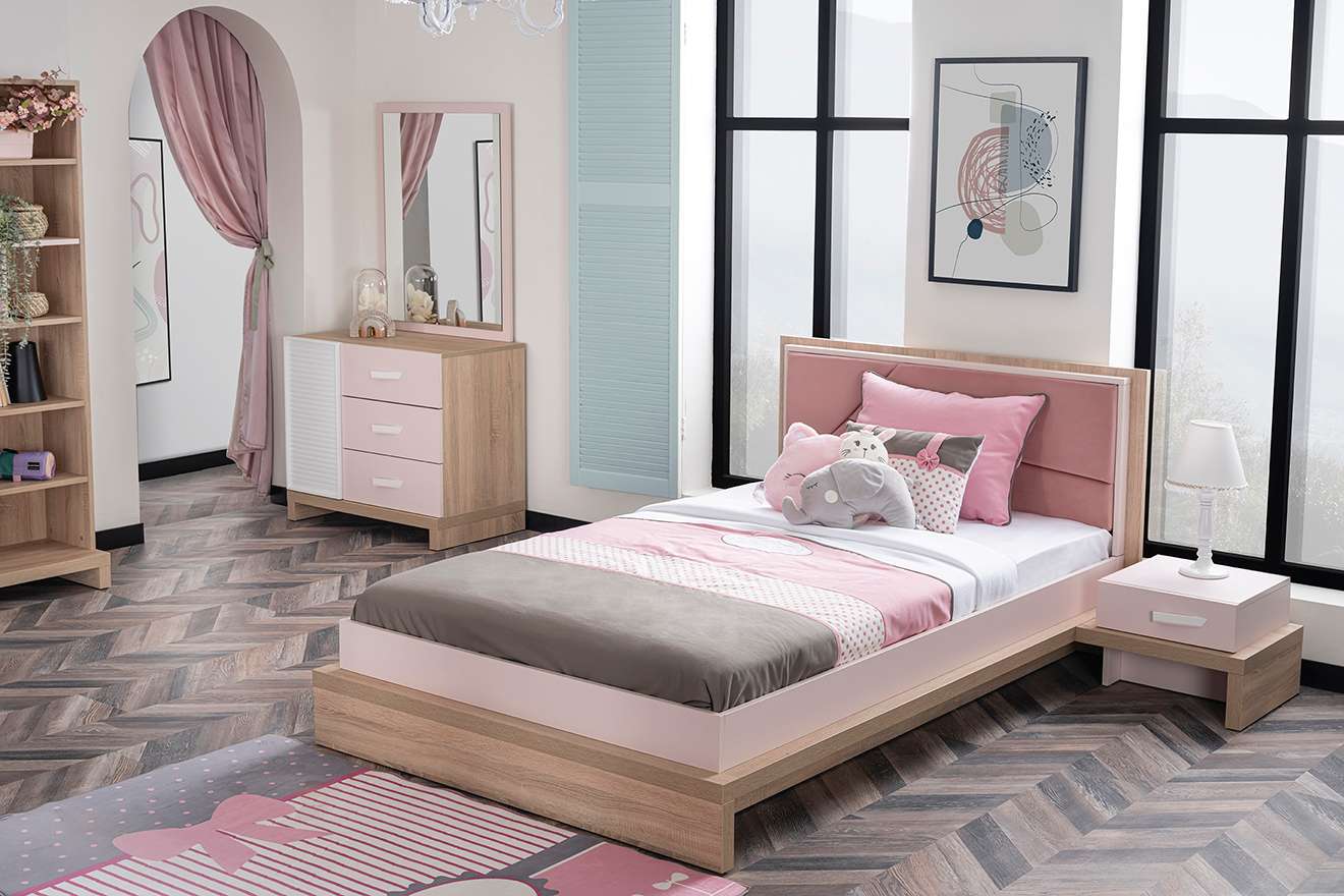 Einzelbett Angel 100 x 200 cm in Holzoptik/Pink