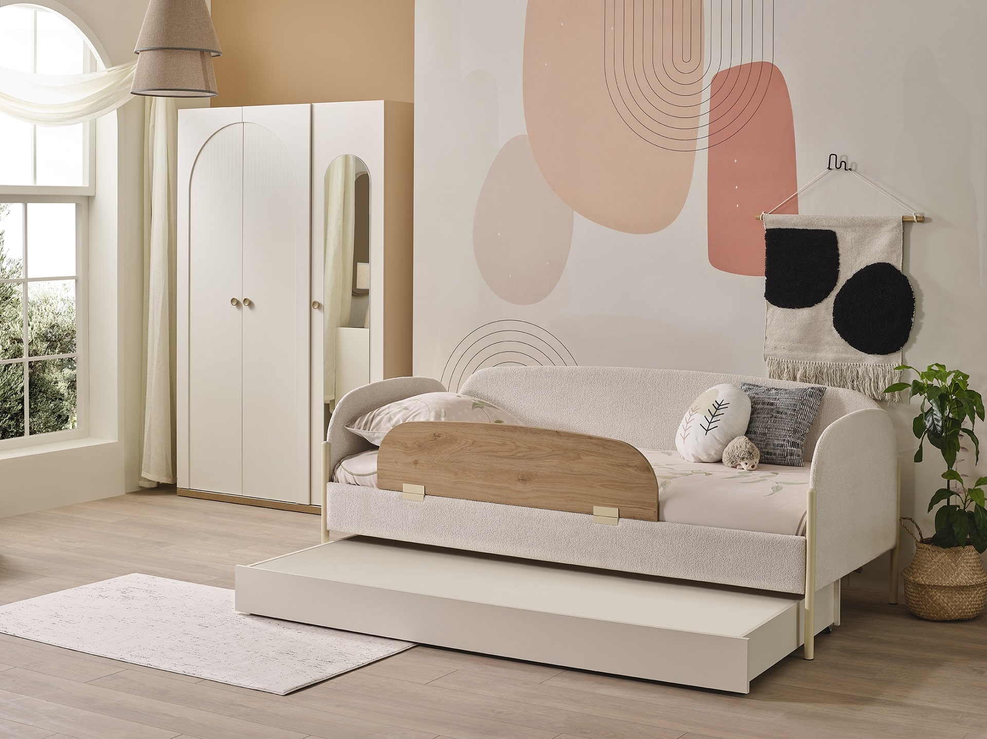 Tagesbett Classy 90 x 200 cm mit Bettkasten in Cremeweiß/Holzoptik