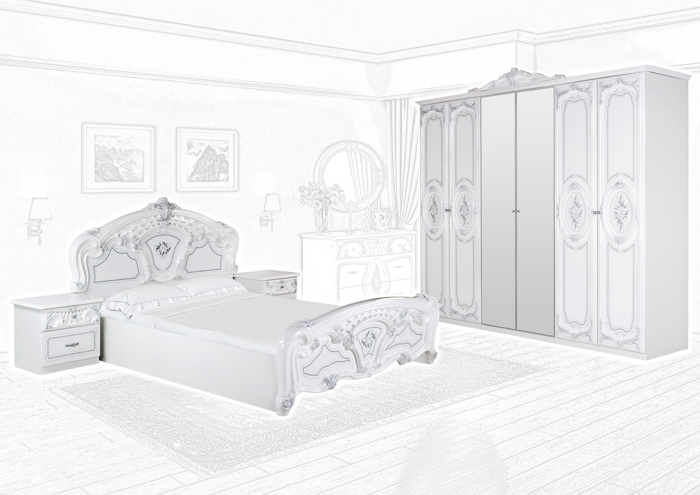 Barock Schlafzimmer Remo-Bianco 4-Teilig inkl. Kleiderschrank 6-Türig