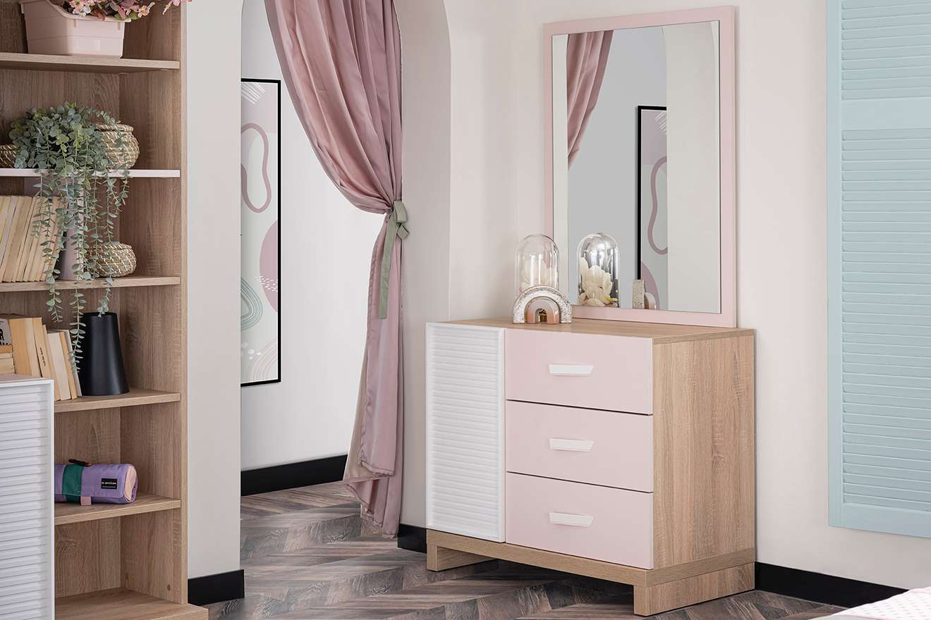 Wäschekommode Angel in Holzoptik/Weiß/Pink