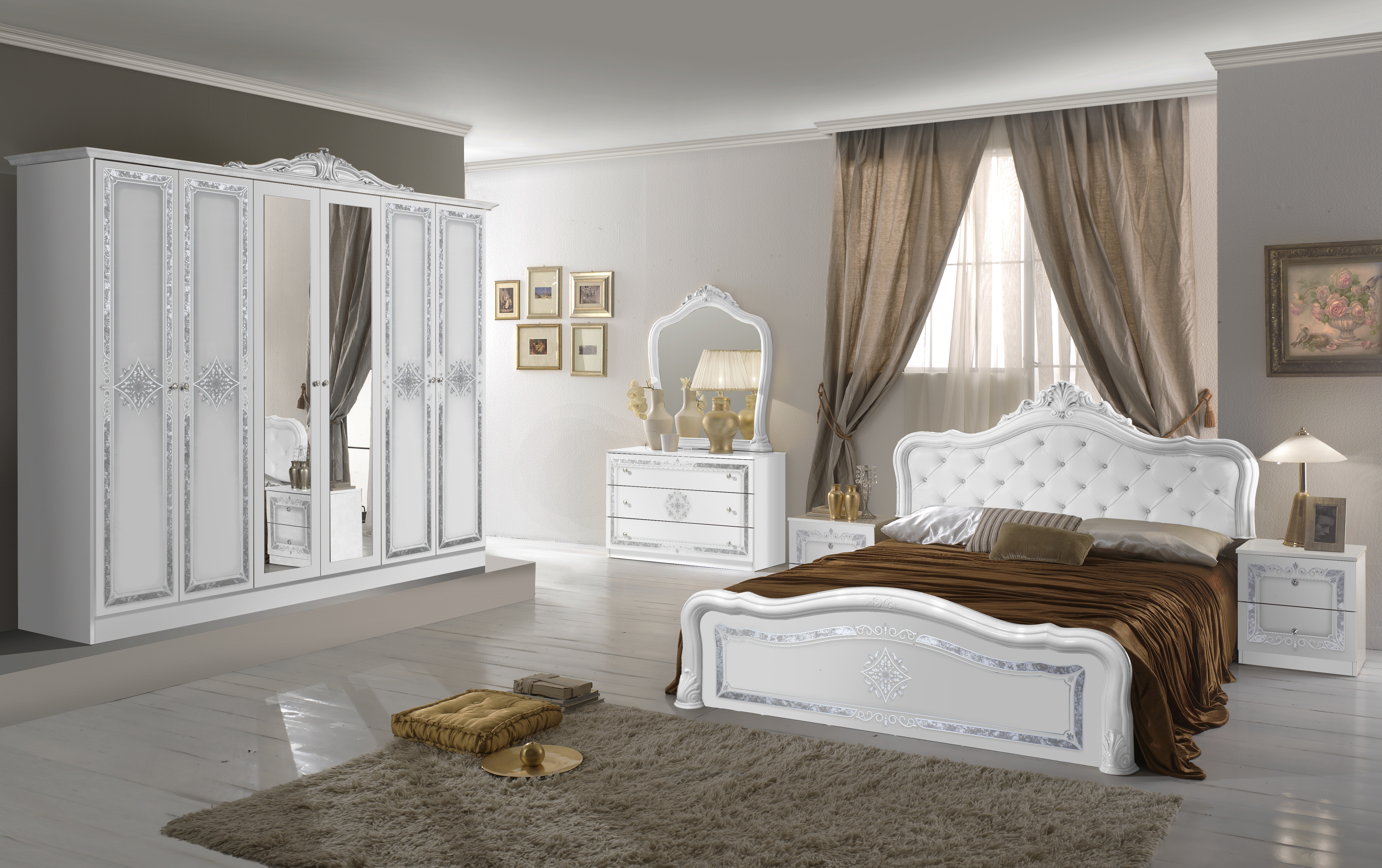 Barock Schlafzimmer-Set Leana 4-Teilig in Weiß/Silber