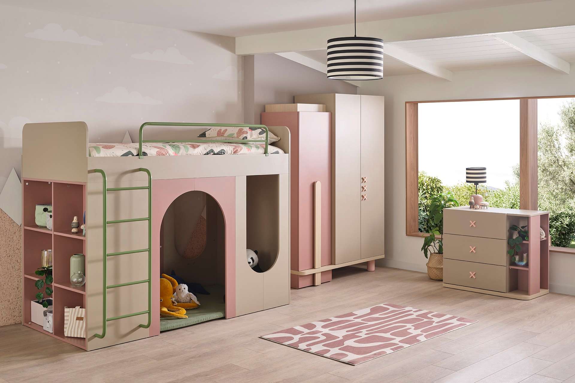 Hochbett Rosie 100 x 200 cm in Rosa/Beige