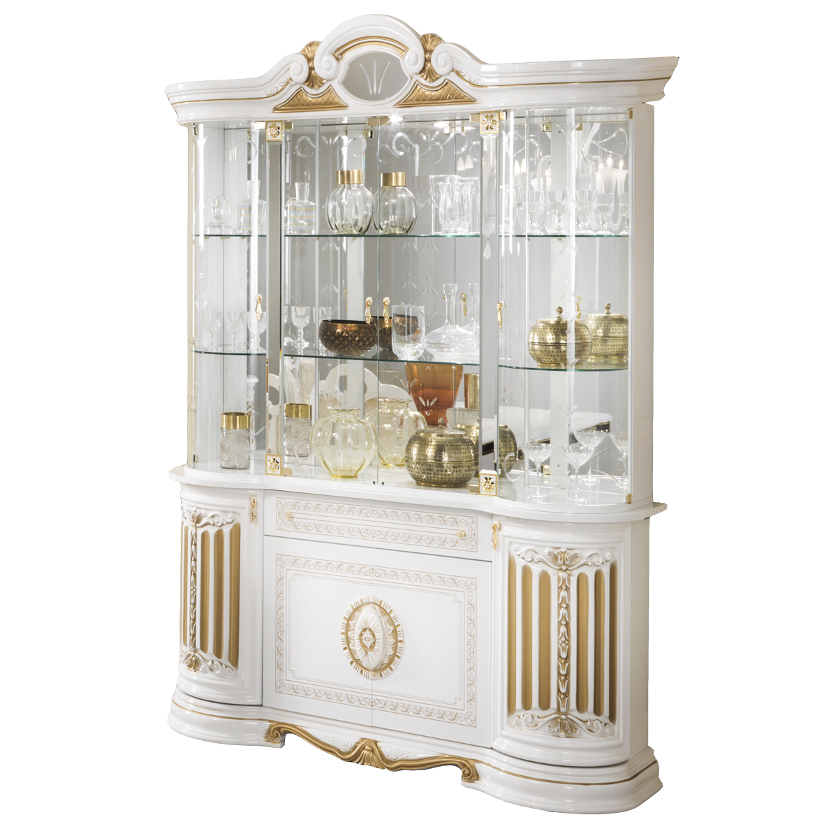Barock Vitrine Bella 8-Türig in Weiß/Gold Hochglanz