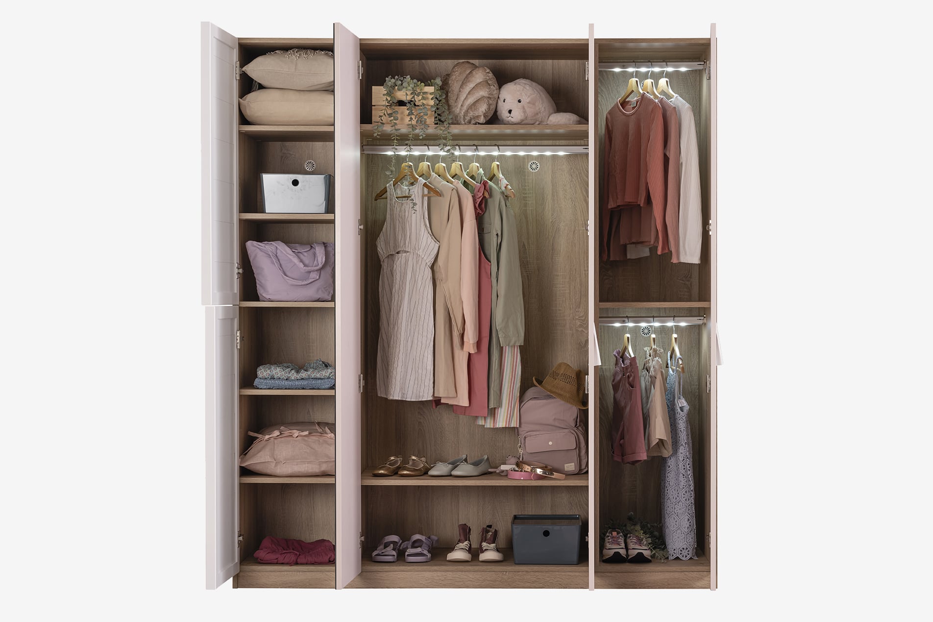 Kleiderschrank Angel 4-Türig in Holzoptik/Weiß/Pink