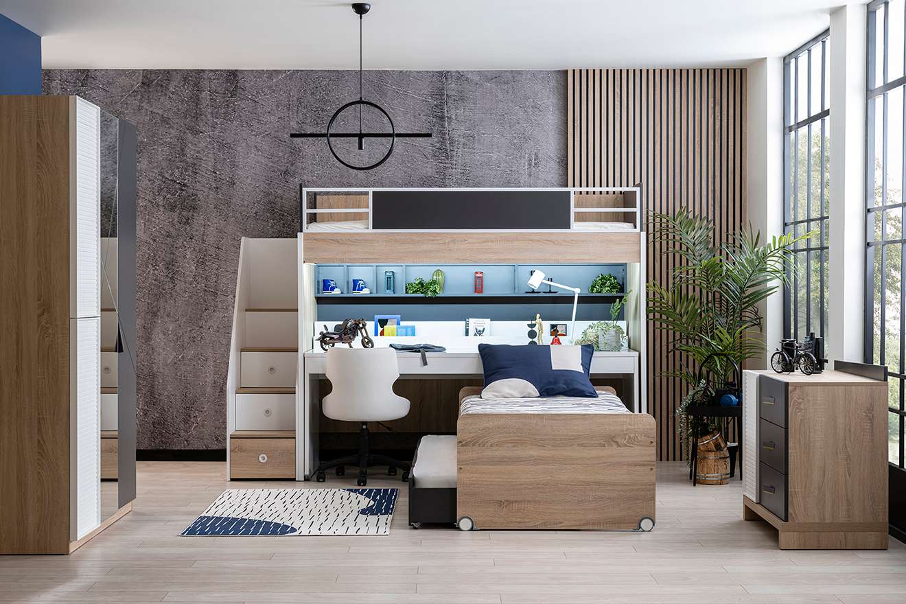 Etagenbett New City 5-Teilig in Holzoptik/Weiß/Schwarz