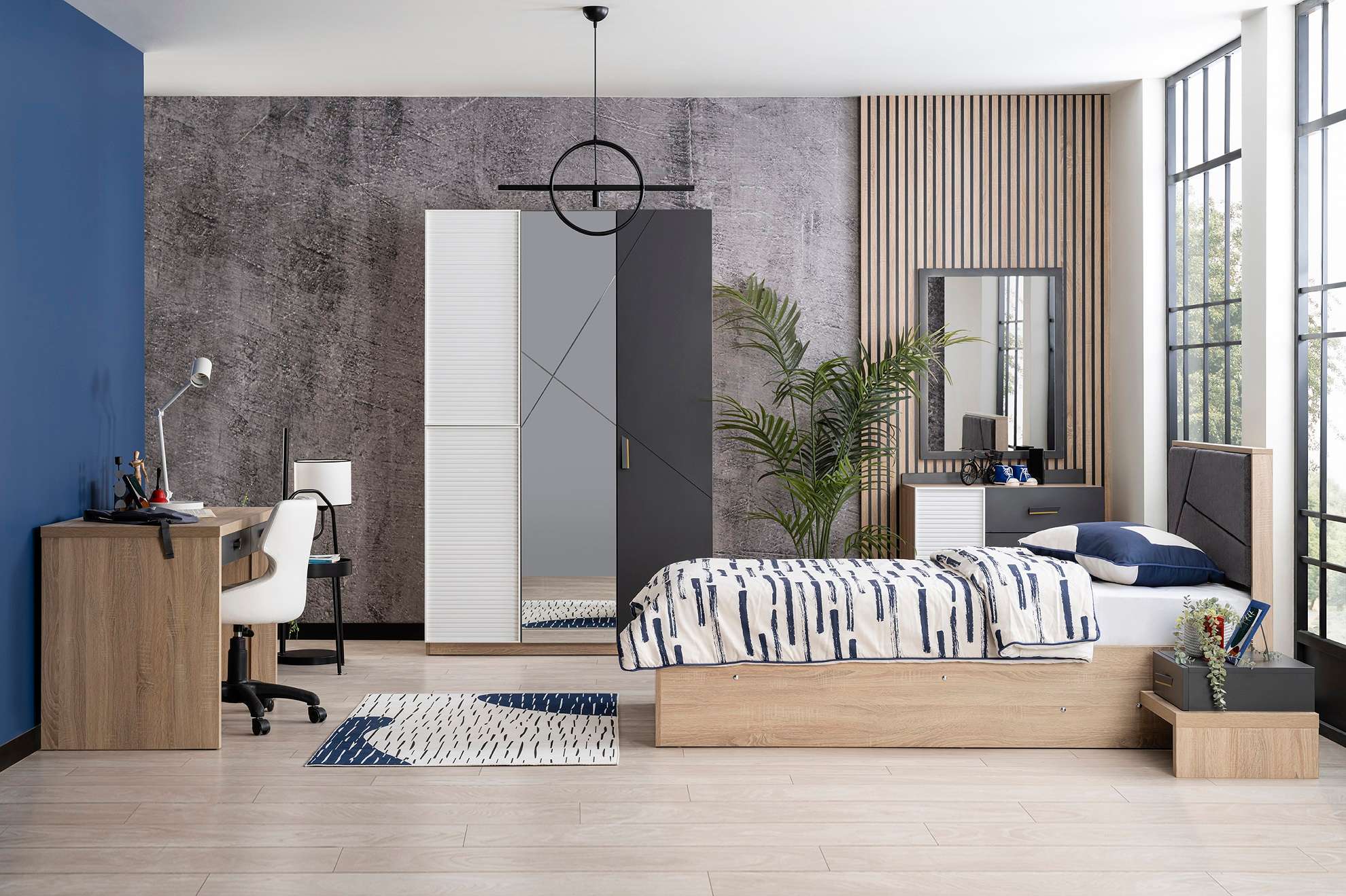 Kleiderschrank New City 3-Türig in Holzoptik/Weiß/Schwarz