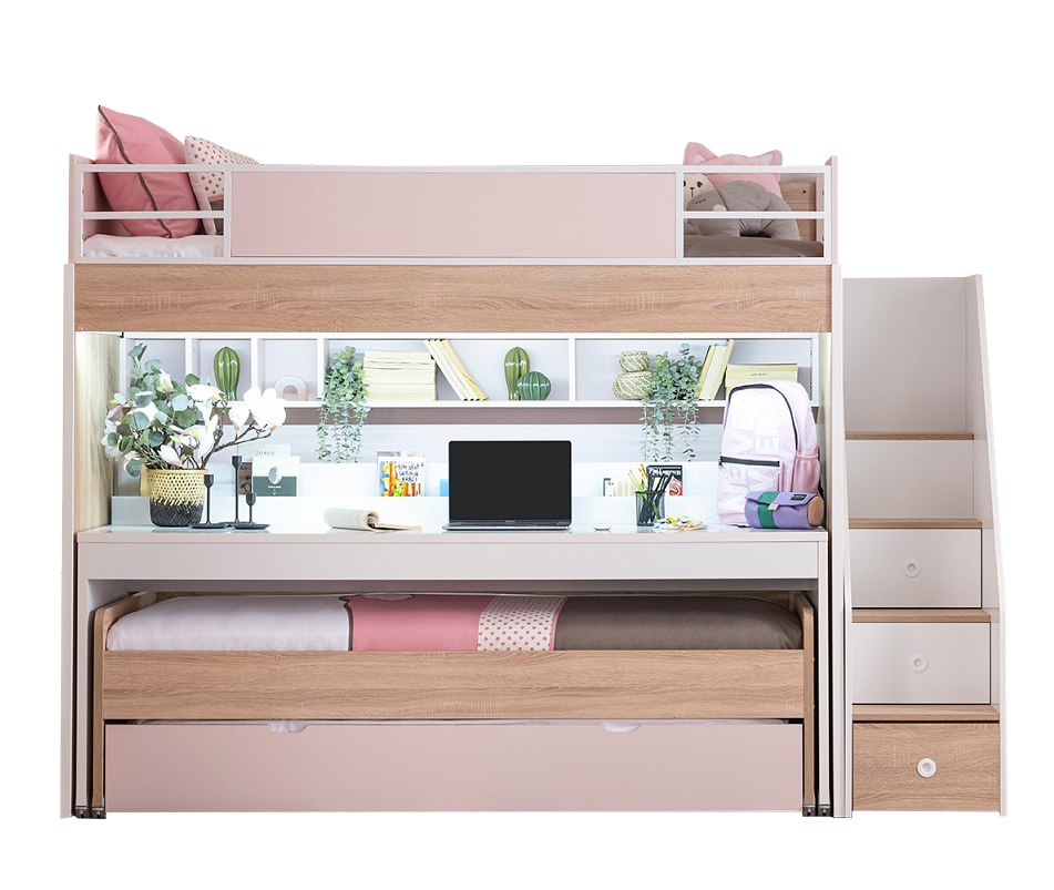 Etagenbett Angel 5-Teilig in Holzoptik/Weiß/Pink