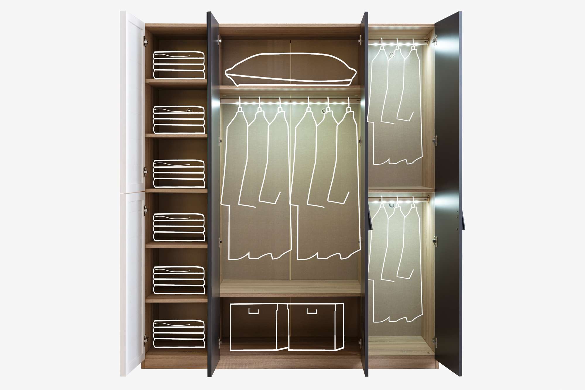 Kleiderschrank New City 4-Türig in Holzoptik/Weiß/Schwarz