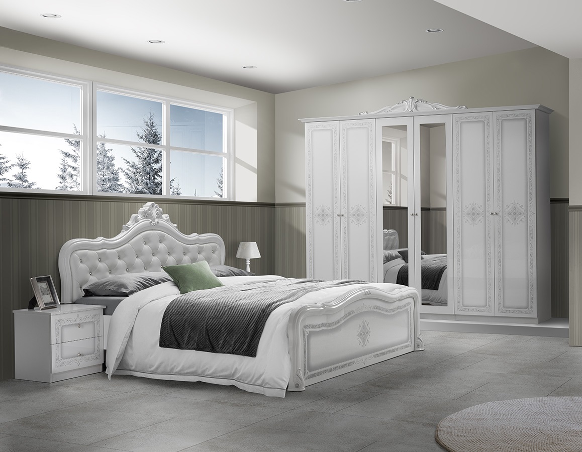 Barock Schlafzimmer-Set Leana 4-Teilig in Weiß/Silber