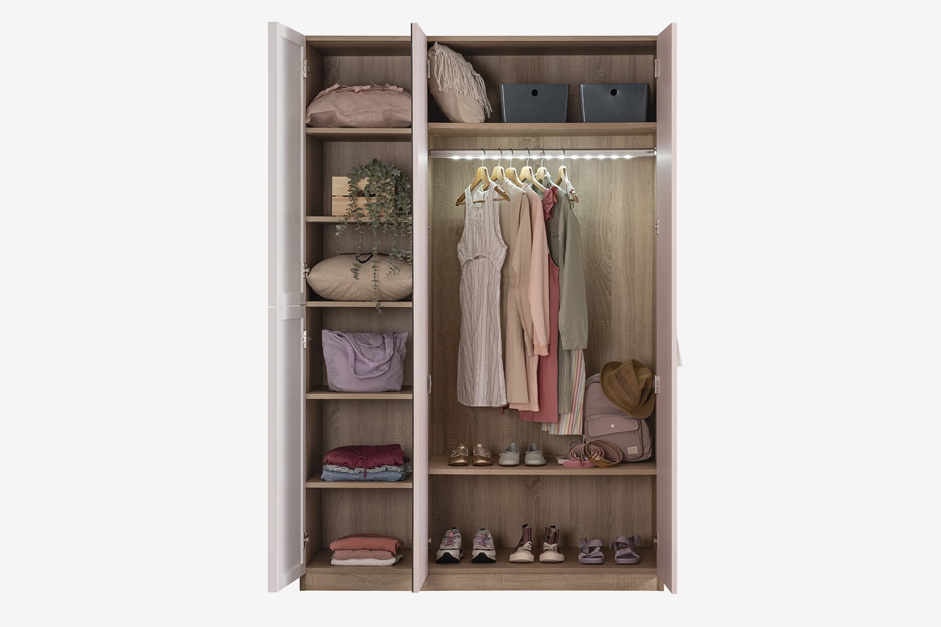 Kleiderschrank Angel 3-Türig in Holzoptik/Weiß/Pink