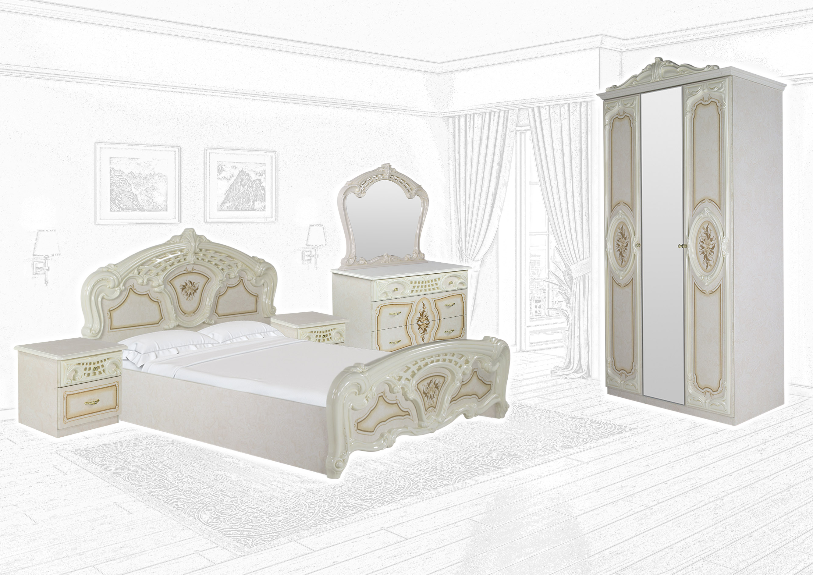 Barock Schlafzimmer Remo-Beige 6-Teilig in HG Lack inkl. 3-Türigen Kleiderschrank 