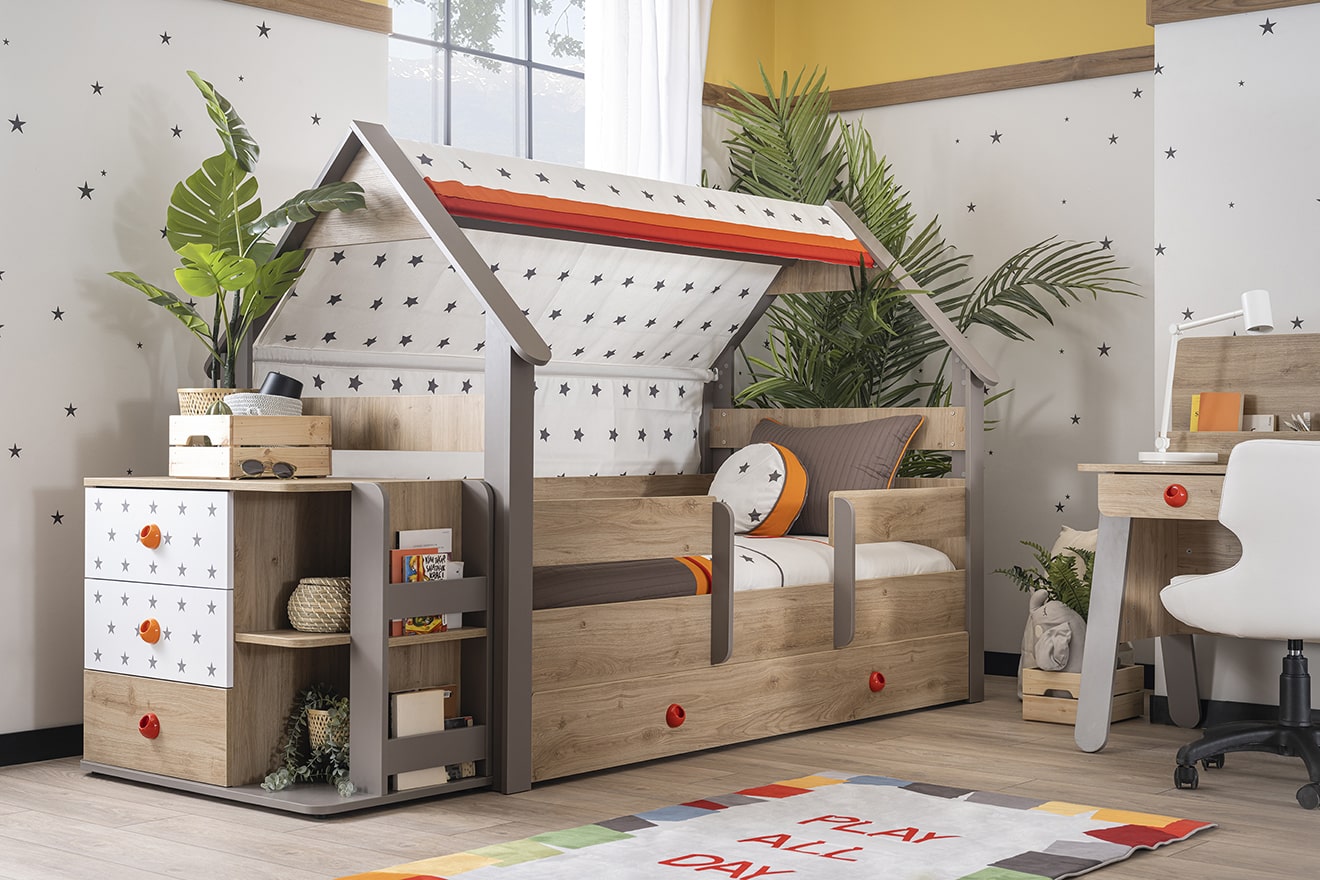 Hausbett Stars 100 x 200 cm in Holzoptik/Braun