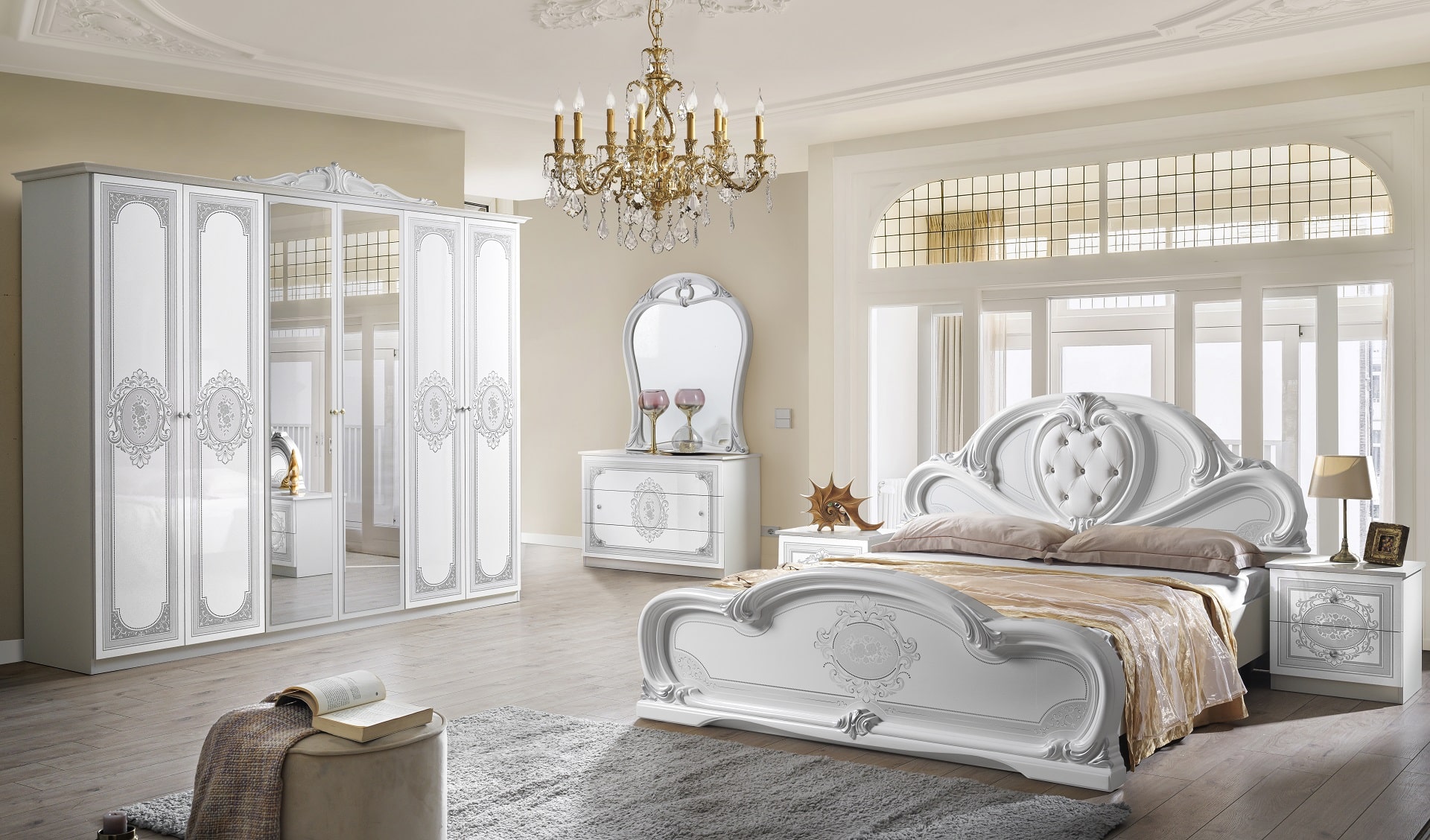 Barock Schlafzimmer-Set Clara in Weiß/Silber 6-Teilig