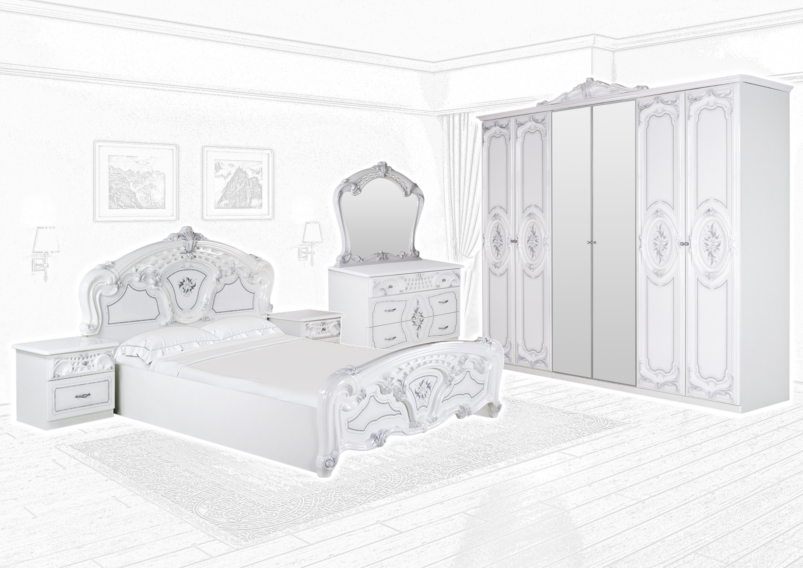 Barock Schlafzimmer Remo-Bianco 6-Teilig in Weiss/Silber inkl. 6-Türigen Kleiderschrank