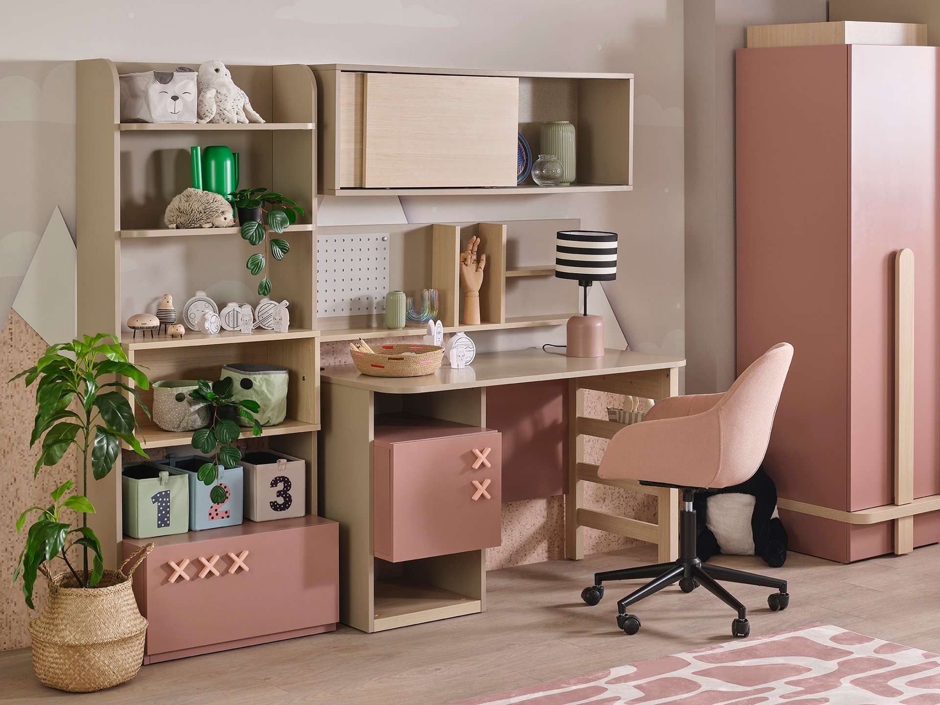 Schreibtisch-Set Rosie 4-Teilig in Rosa/Beige