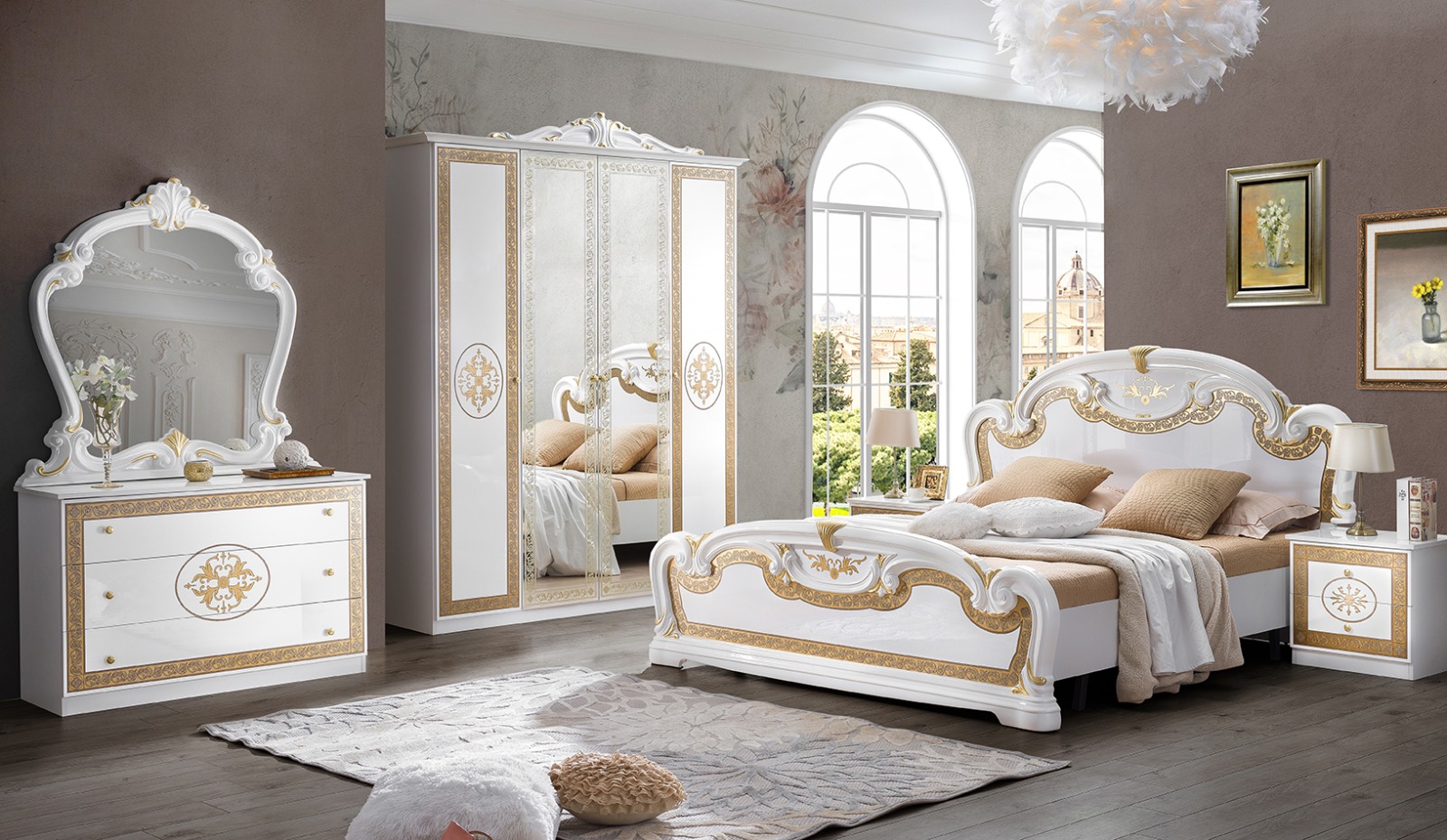 Barock Schlafzimmer-Set Paola in Weiß/Gold 6-Teilig