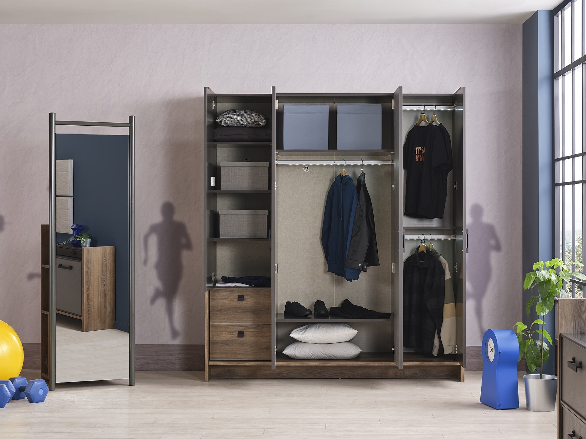 Kleiderschrank Craft 4-Türig in Anthrazit/Silbergrau/Holzoptik
