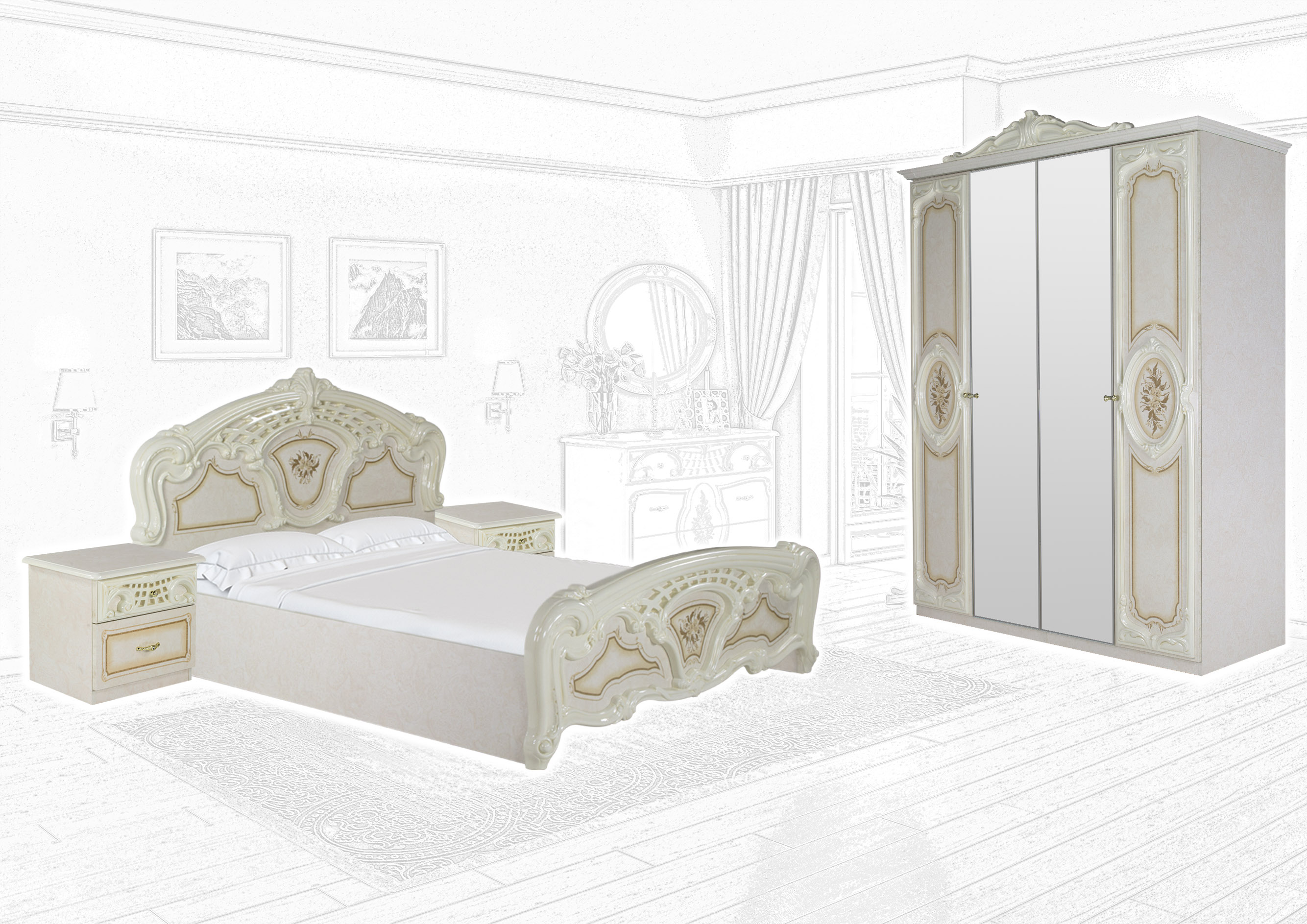 Barock Schlafzimmer Remo-Beige in HG Lack 4-Teilig inkl. Kleiderschrank 4-Türig