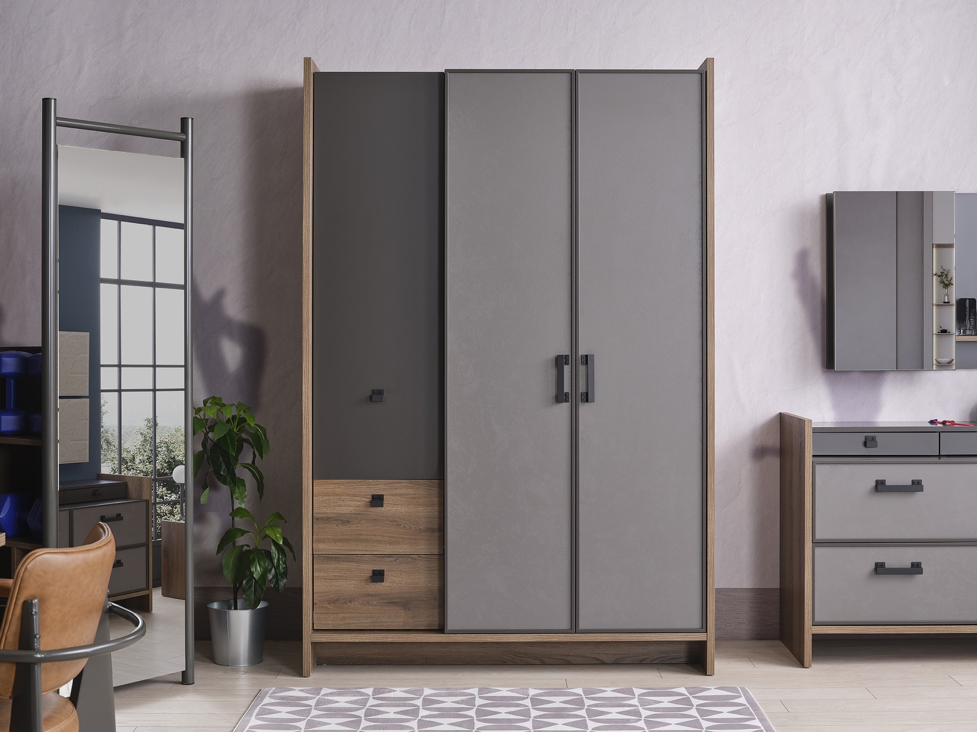 Kleiderschrank Craft 3-Türig in Anthrazit/Silbergrau/Holzoptik