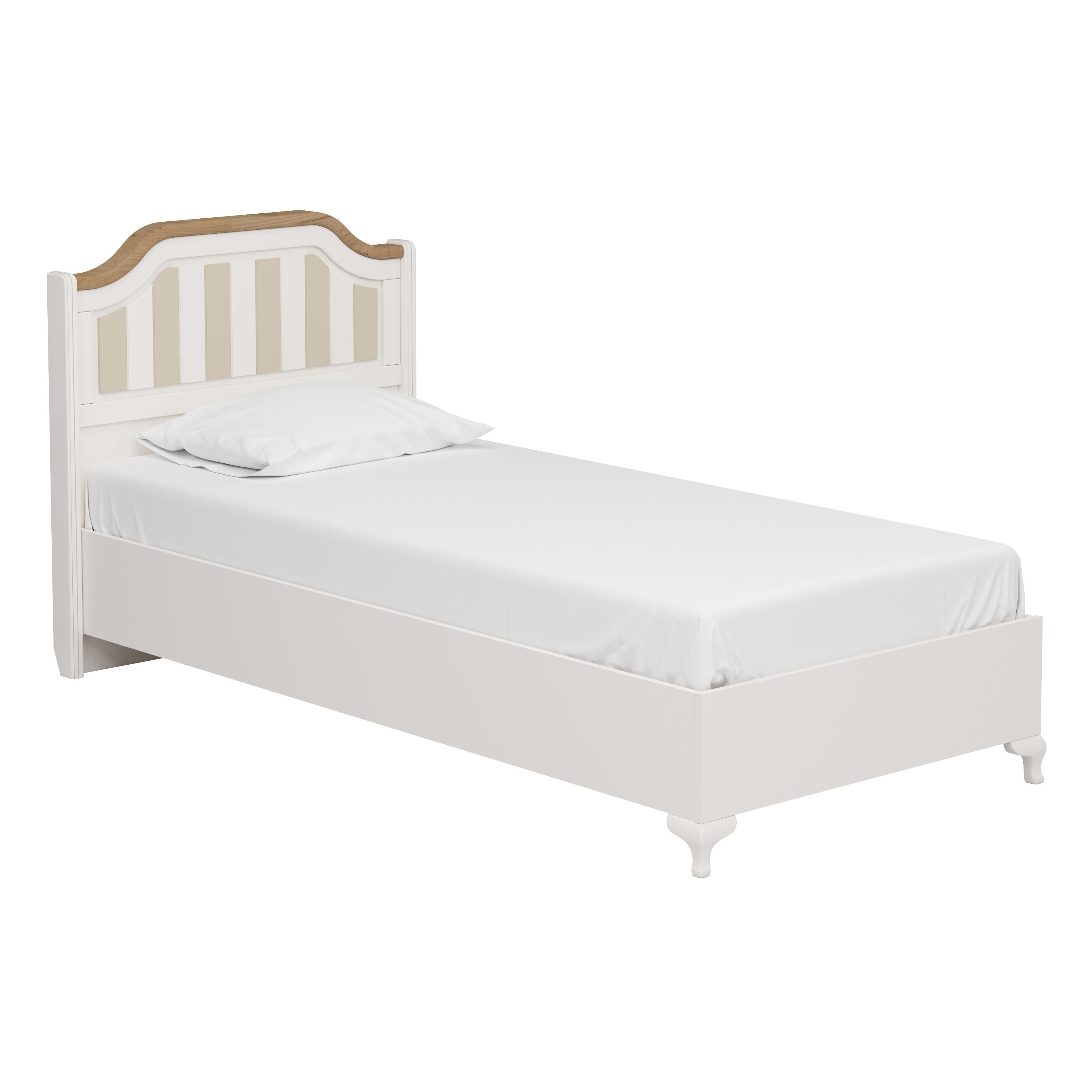 Jugendzimmer Bett in Weiß mit beigen Streifen.