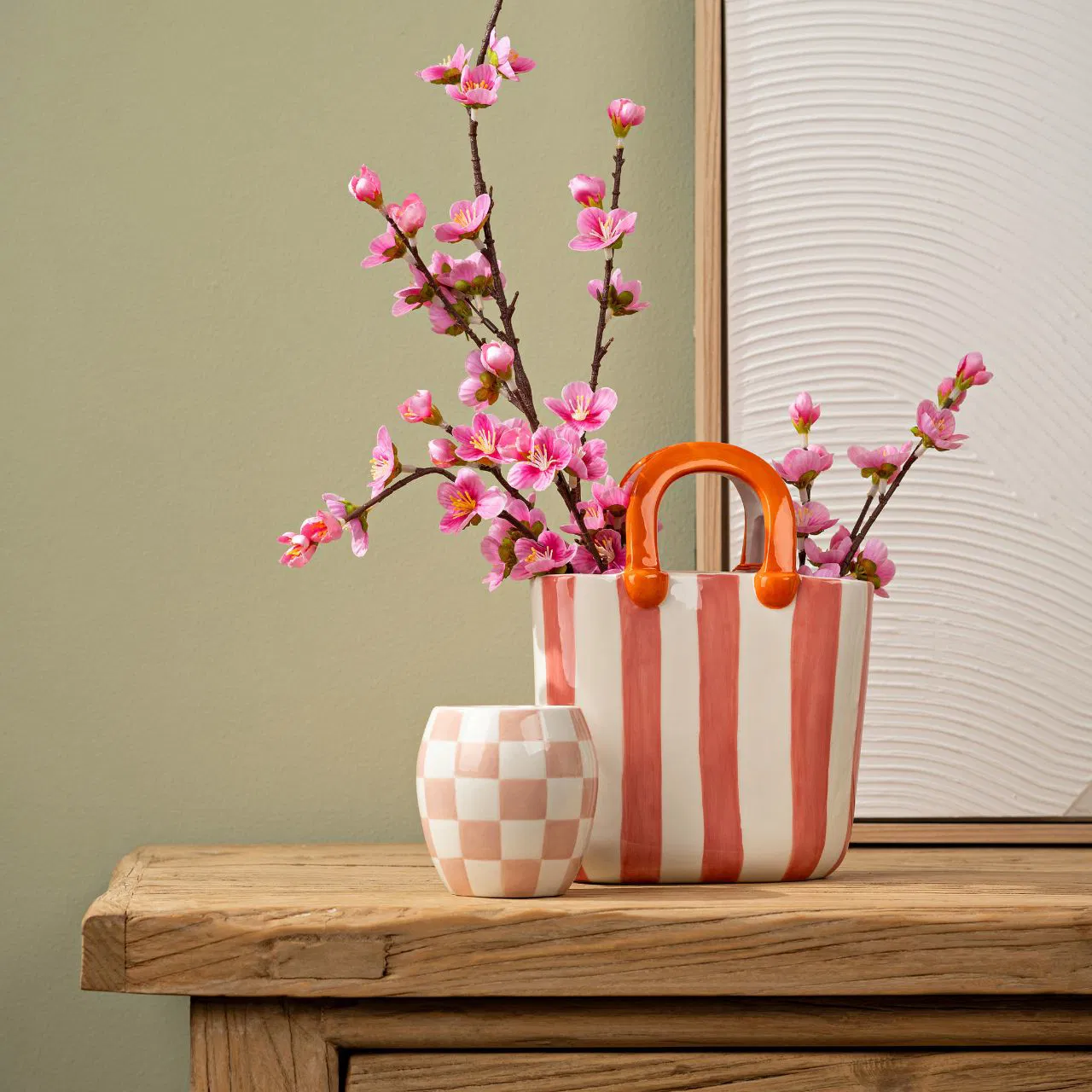 Vase Handtasche gestreift Orange Rosa Weiß