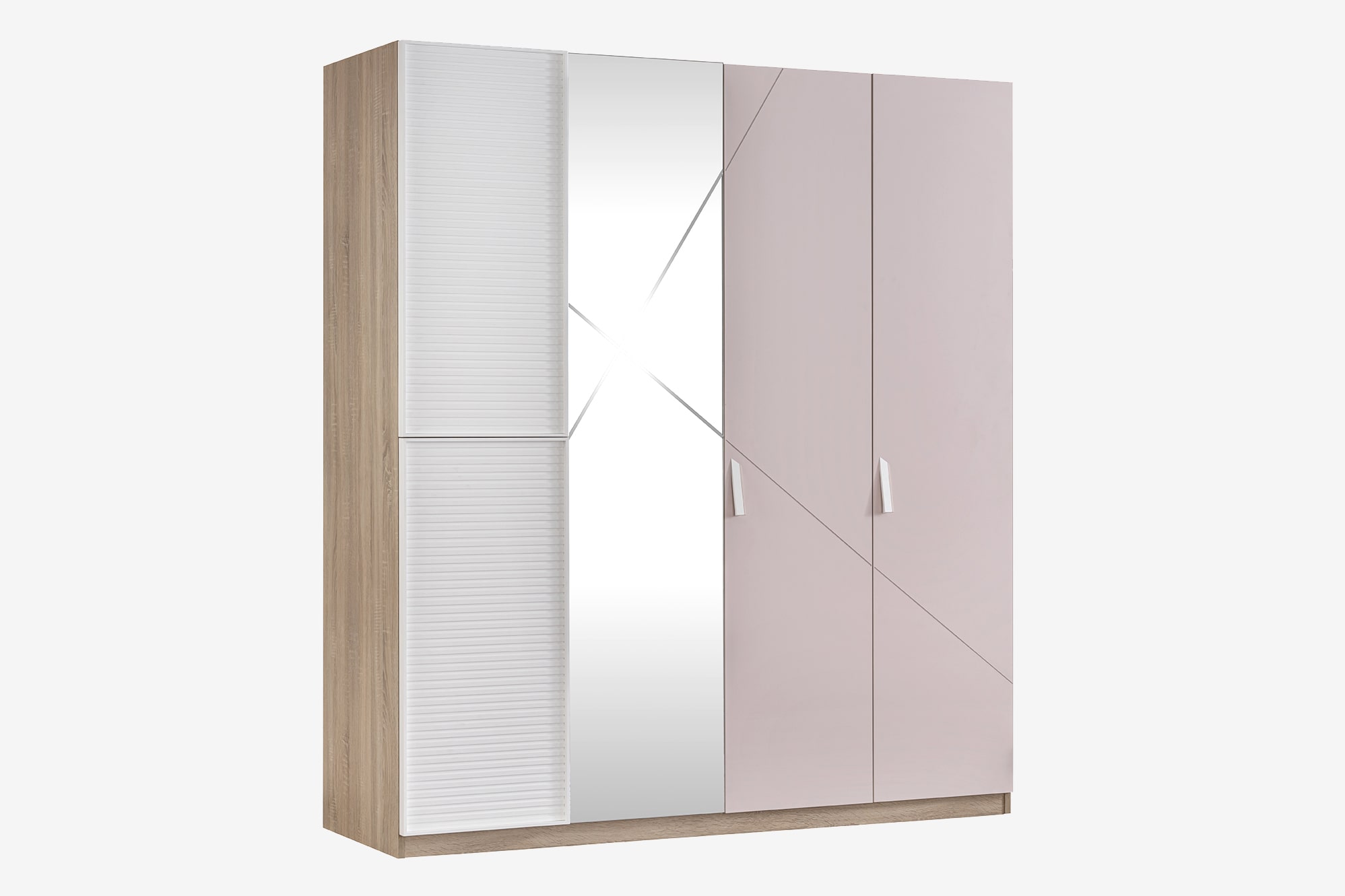 Kleiderschrank Angel 4-Türig in Holzoptik/Weiß/Pink