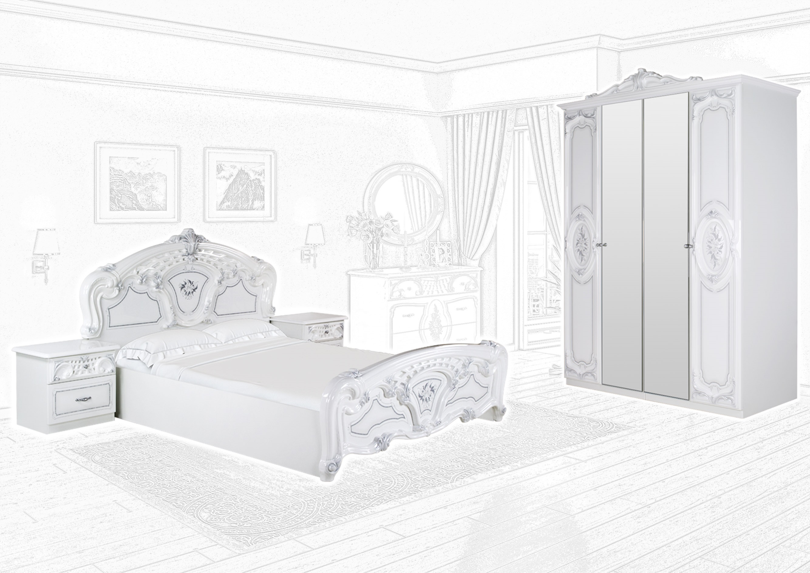Barock Schlafzimmer Remo-Bianco 4-Teilig inkl. Kleiderschrank 4-Türig