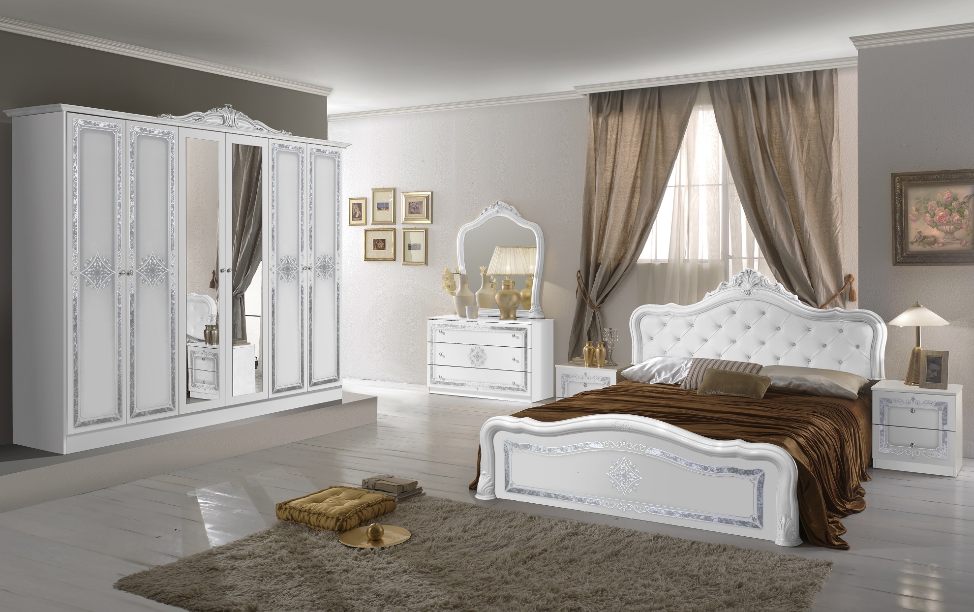 Barock Schlafzimmer-Set Leana 4-Teilig in Weiß/Silber